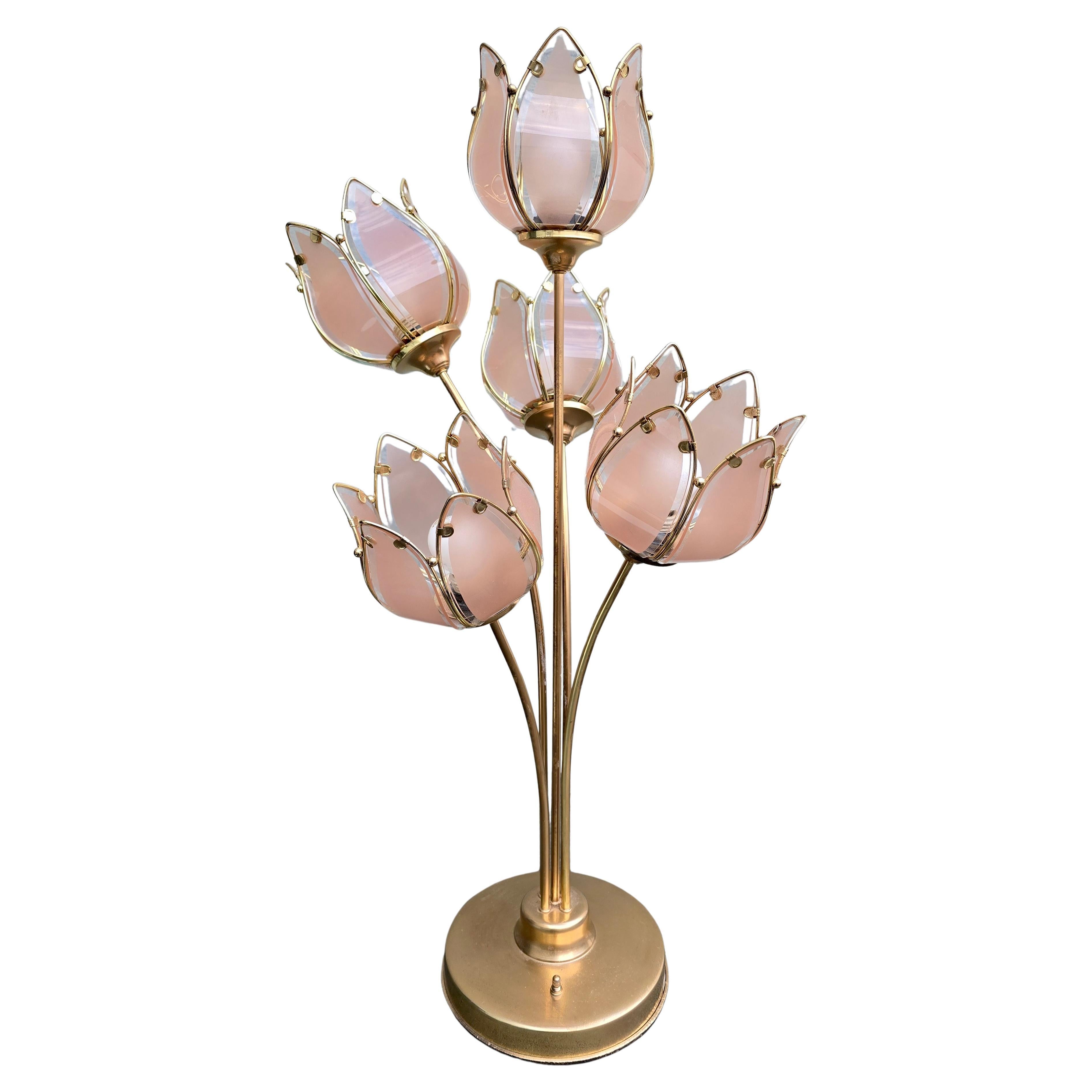 Lampada da tavolo italiana a tulipano in vetro e ottone, anni '70