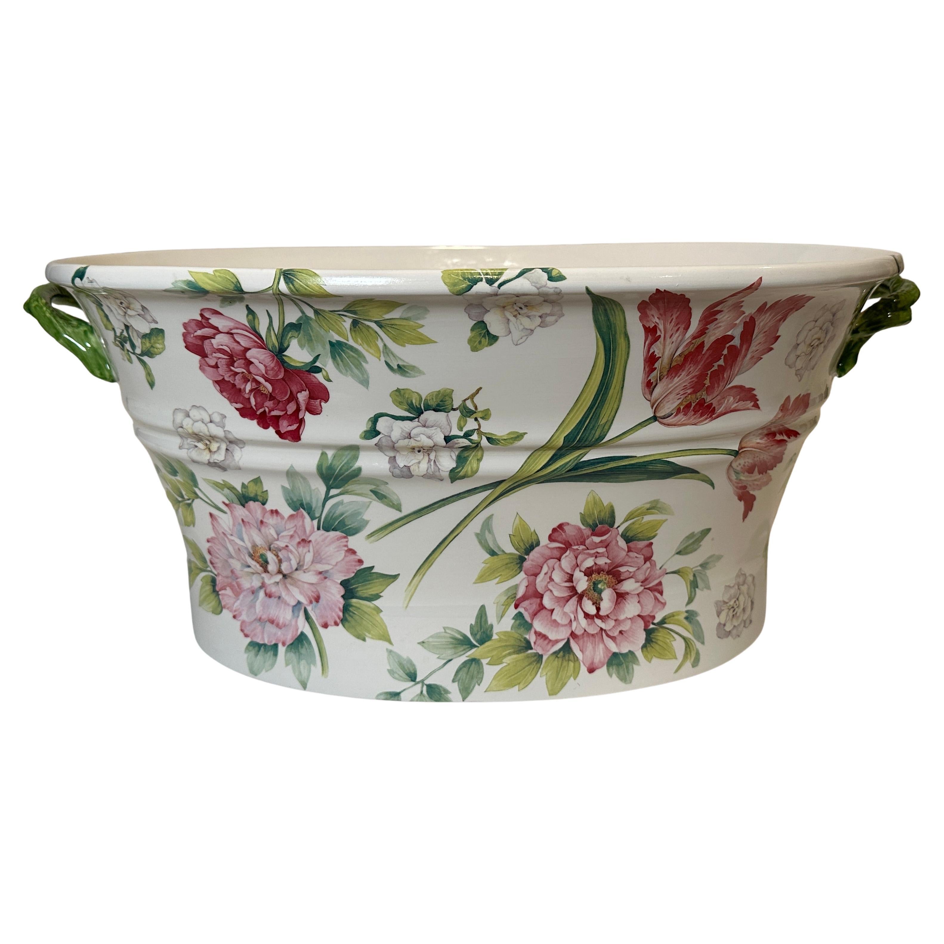 Italian Floral Painted Oval Planter For Sale
