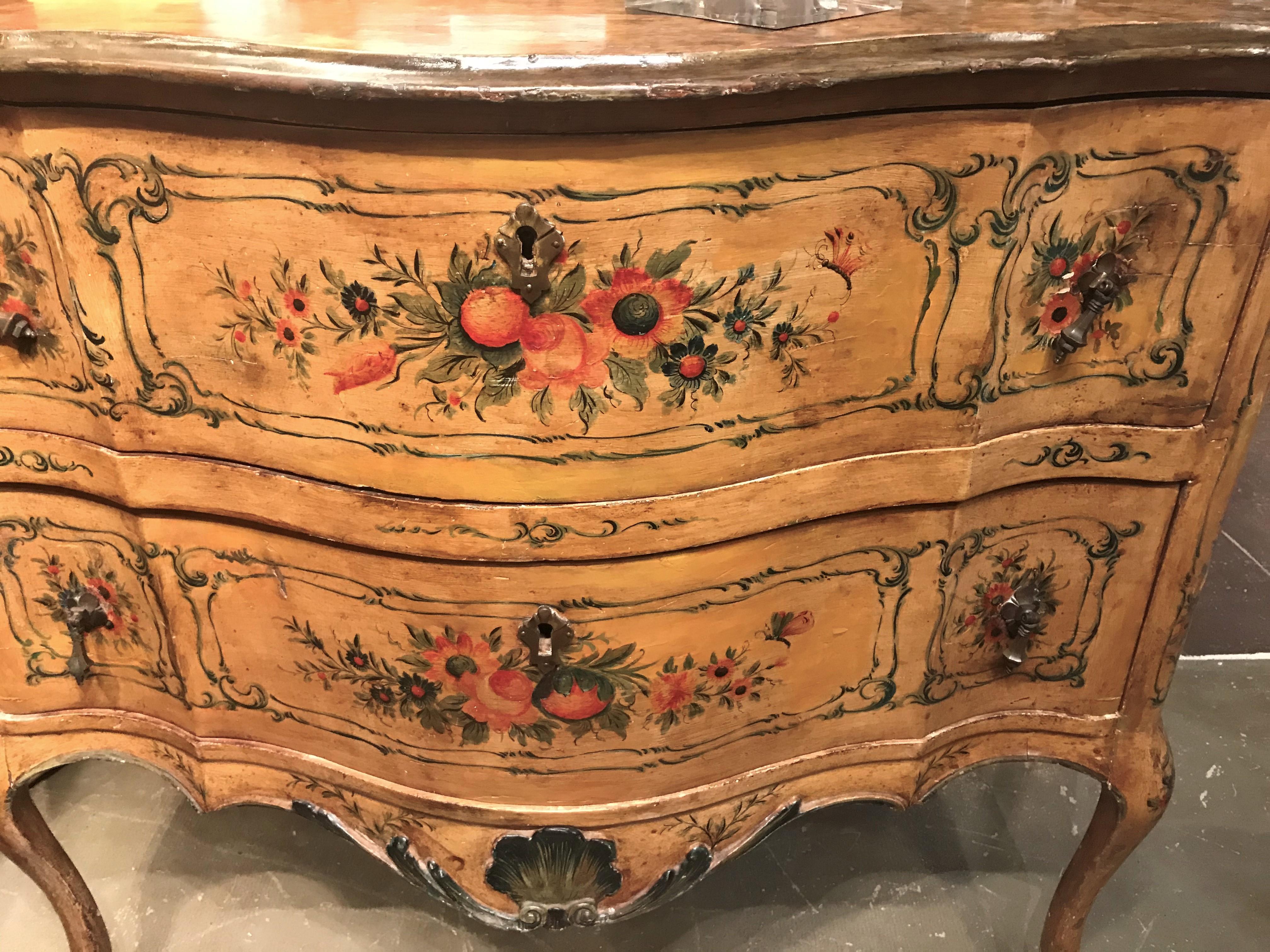 Italian Floral and Fruit Painted Serpentine Commode For Sale 3