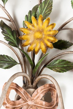Italian Floral Painted Tole Sconces Mid-Century, Unique Pair