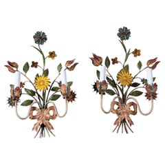 Italian Floral Painted Tole Sconces Mid-Century, Unique Pair