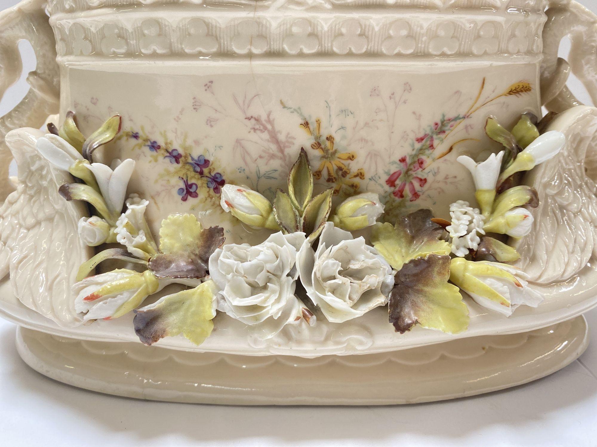 Porcelain Italian Floral Swan Centerpiece Bowl Cachepot For Sale