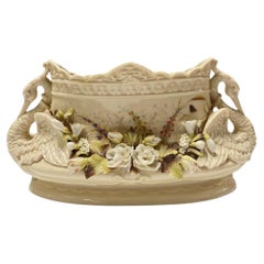 Antique Italian Floral Swan Centerpiece Bowl Cachepot