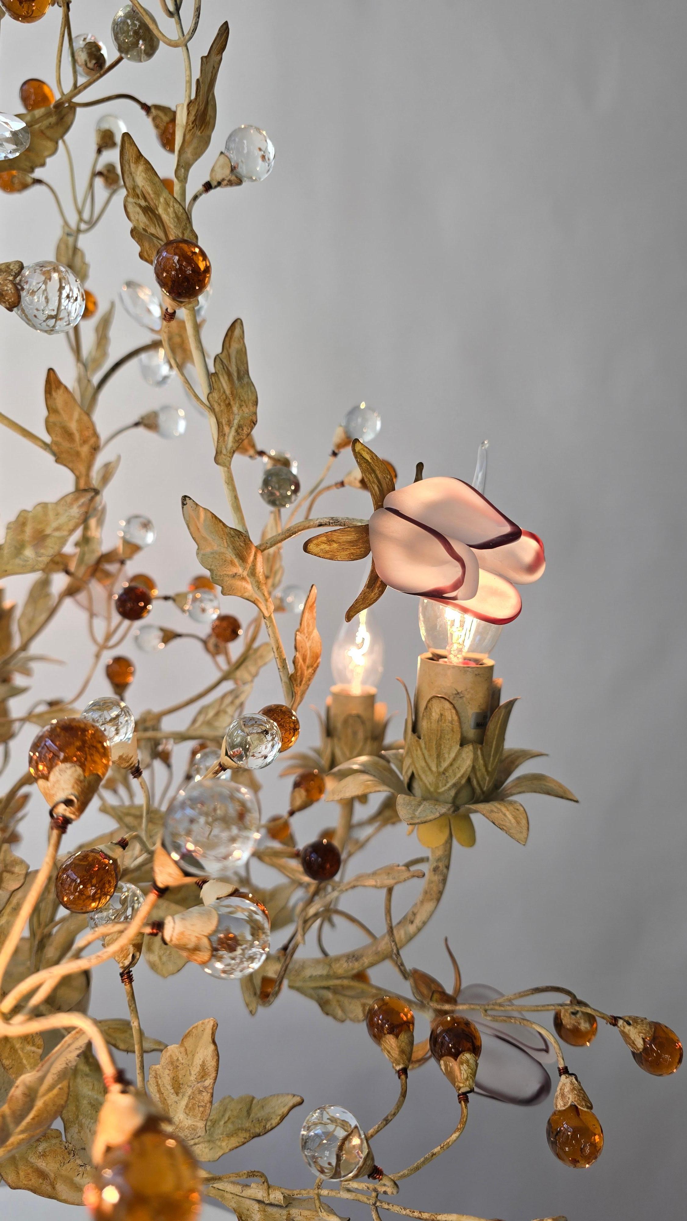Hollywood Regency Italian Floral Tole Chandelier with Hand-Blown Glass Tulips, 20th Century For Sale