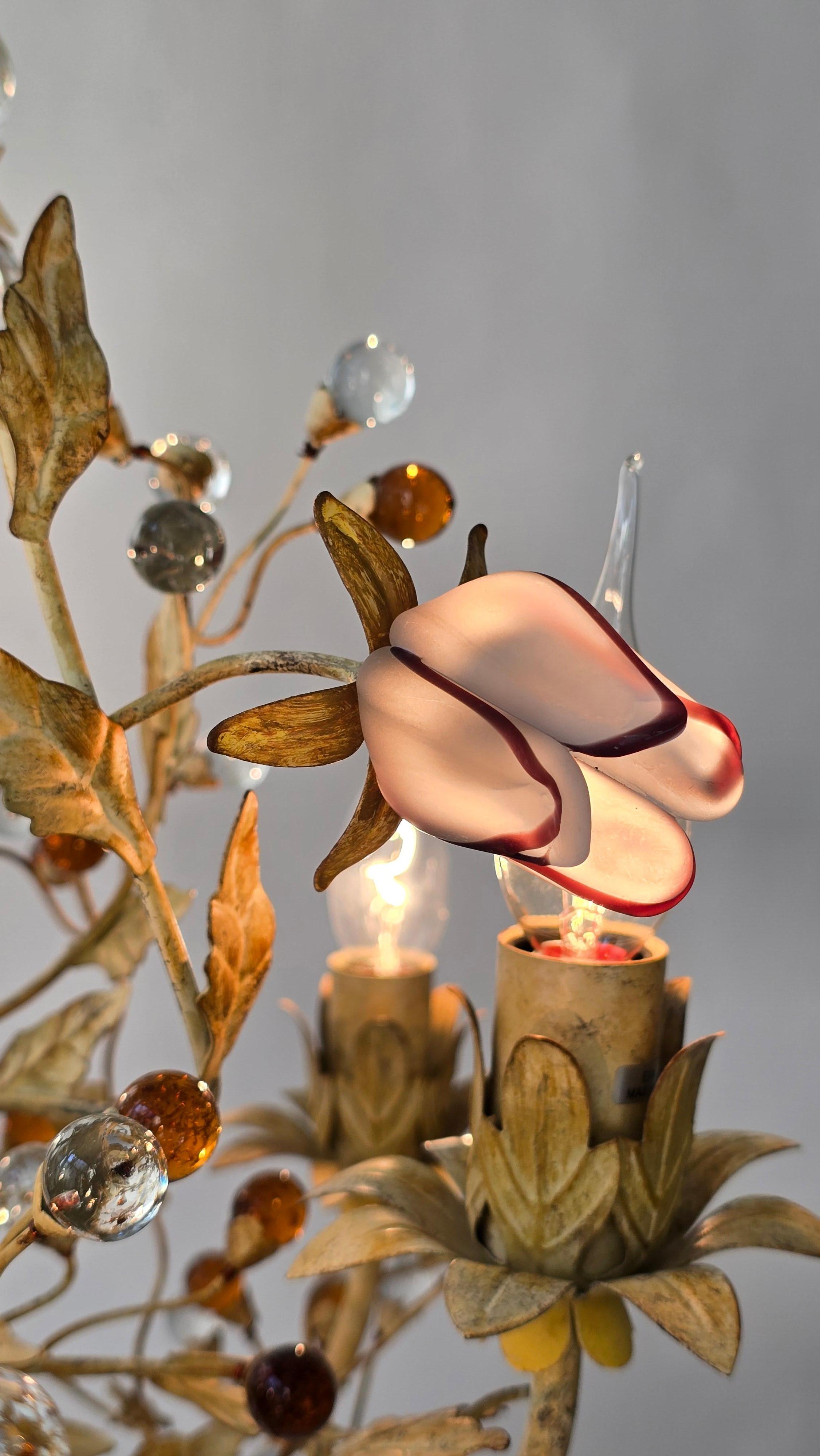 Italian Floral Tole Chandelier with Hand-Blown Glass Tulips, 20th Century In Good Condition For Sale In Antwerp, BE