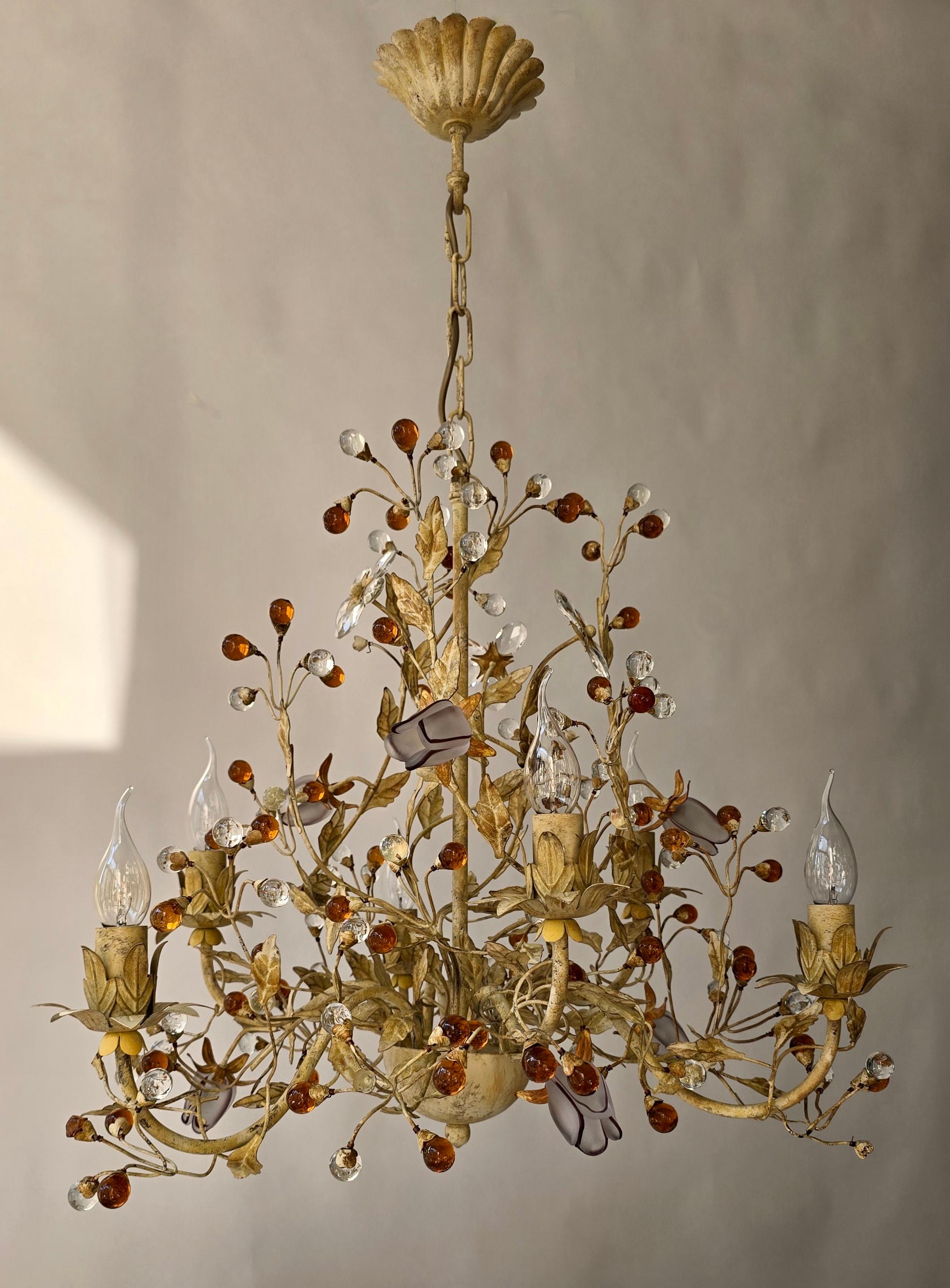 Metal Italian Floral Tole Chandelier with Hand-Blown Glass Tulips, 20th Century For Sale