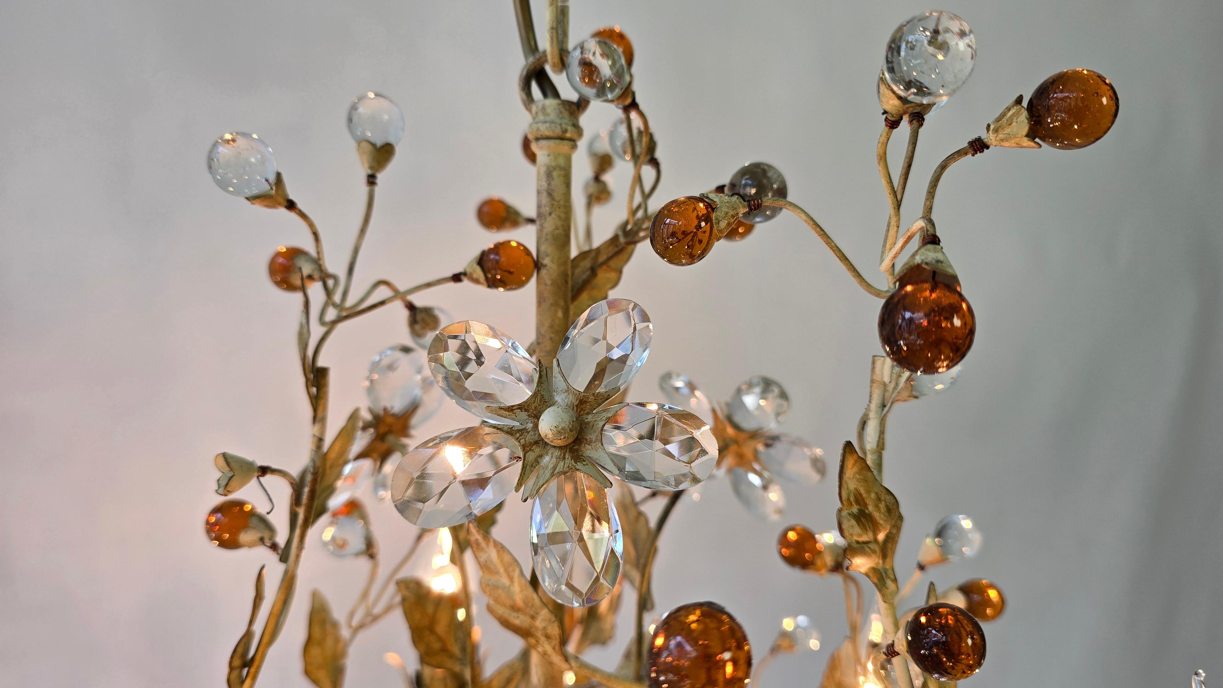 Italian Floral Tole Chandelier with Hand-Blown Glass Tulips, 20th Century For Sale 2