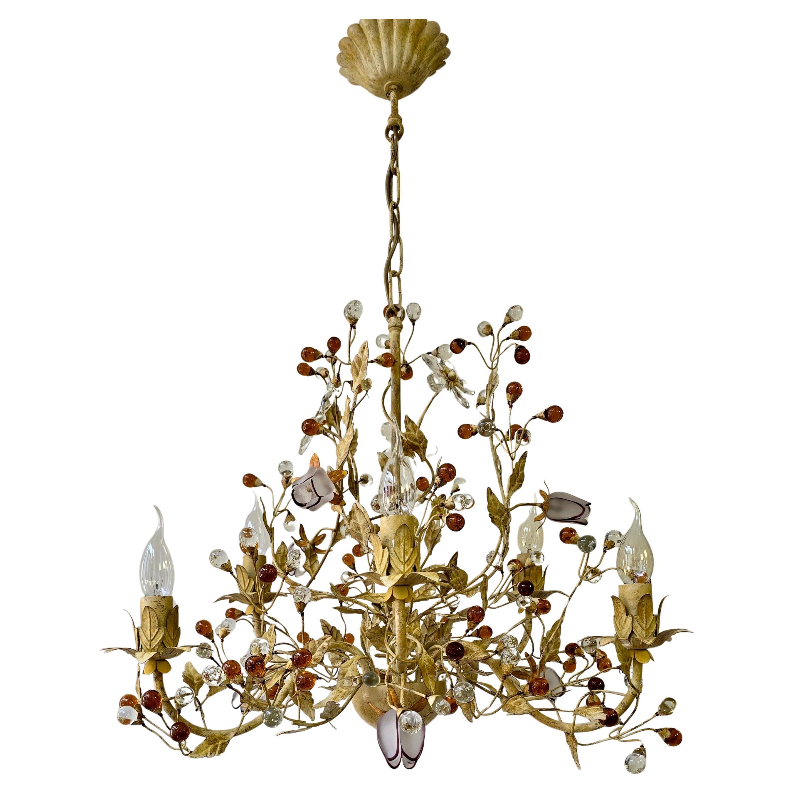 Italian Floral Tole Chandelier with Hand-Blown Glass Tulips, 20th Century For Sale