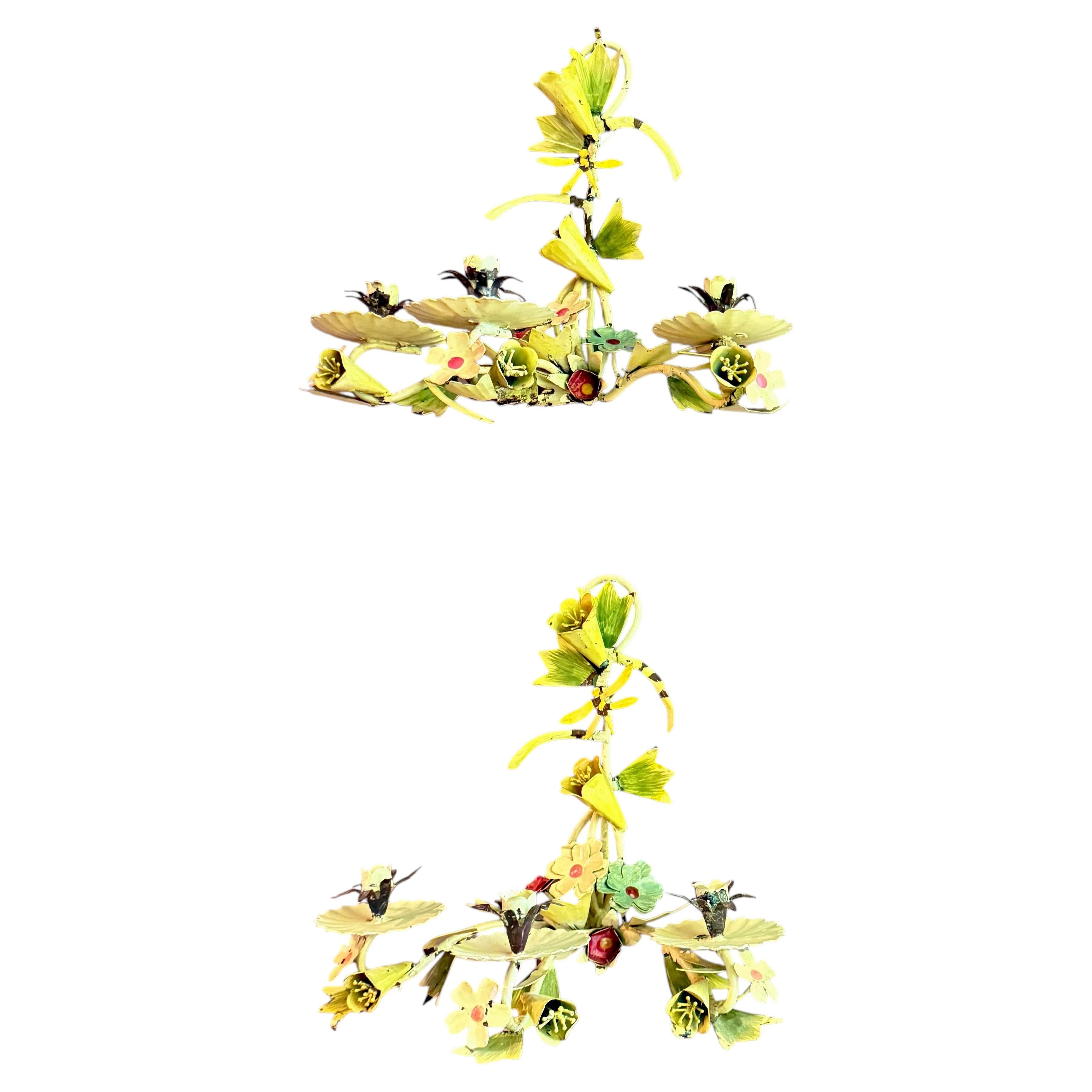 Mid 1900s Italian Hand-Painted Floral Candle Sconces in Iron