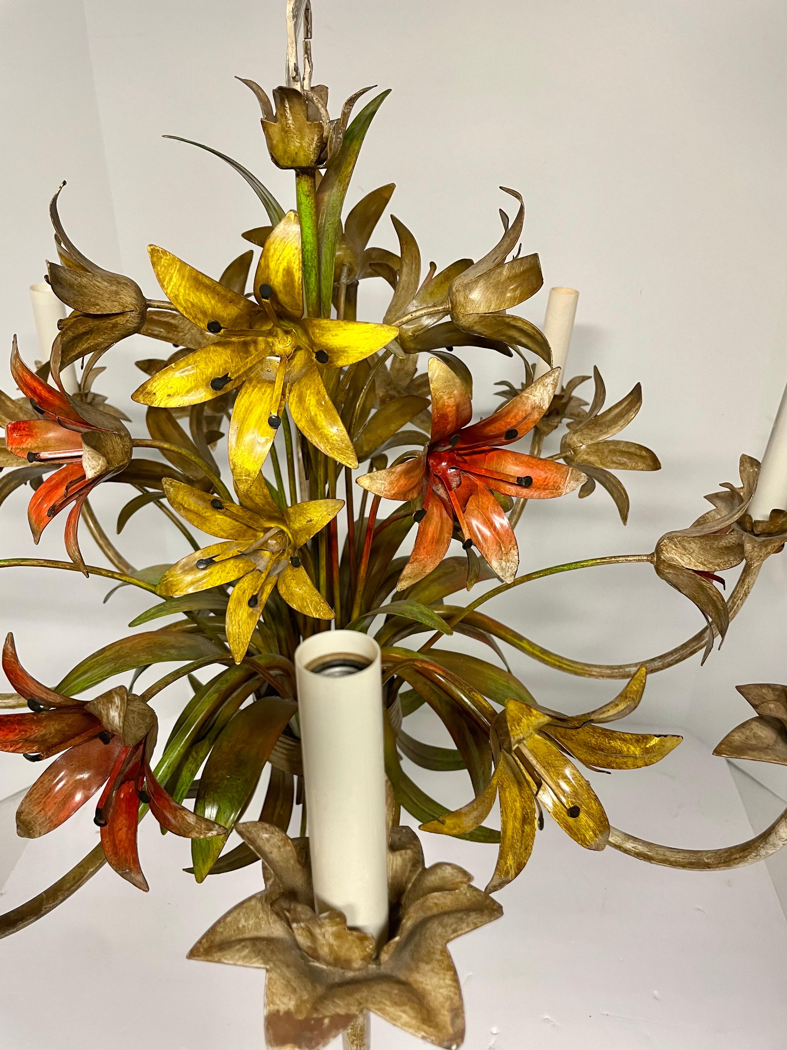 Hand-Painted Italian Tole Floral Tole Six Arm Chandelier with Lilies