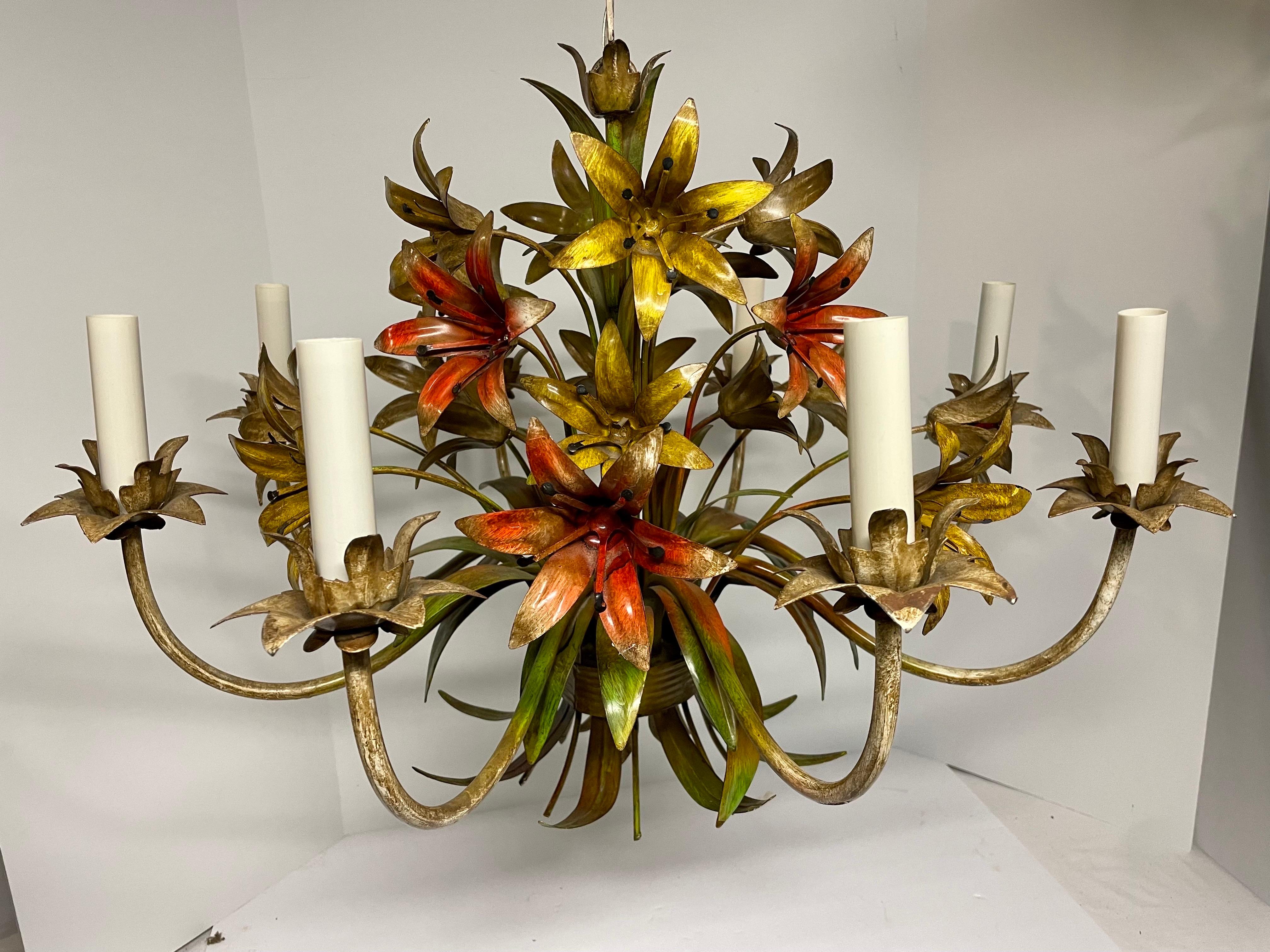 Italian Tole Floral Tole Six Arm Chandelier with Lilies In Good Condition In New York, NY