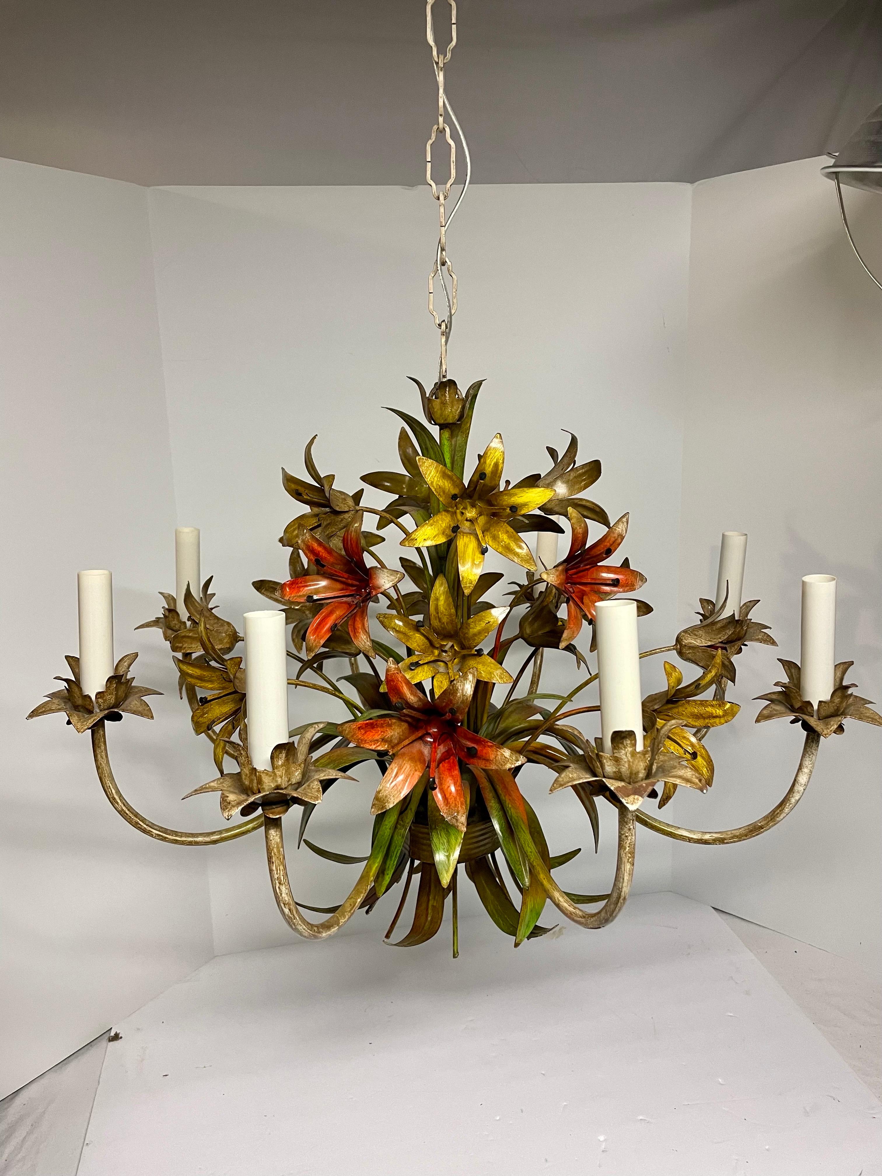 20th Century Italian Tole Floral Tole Six Arm Chandelier with Lilies