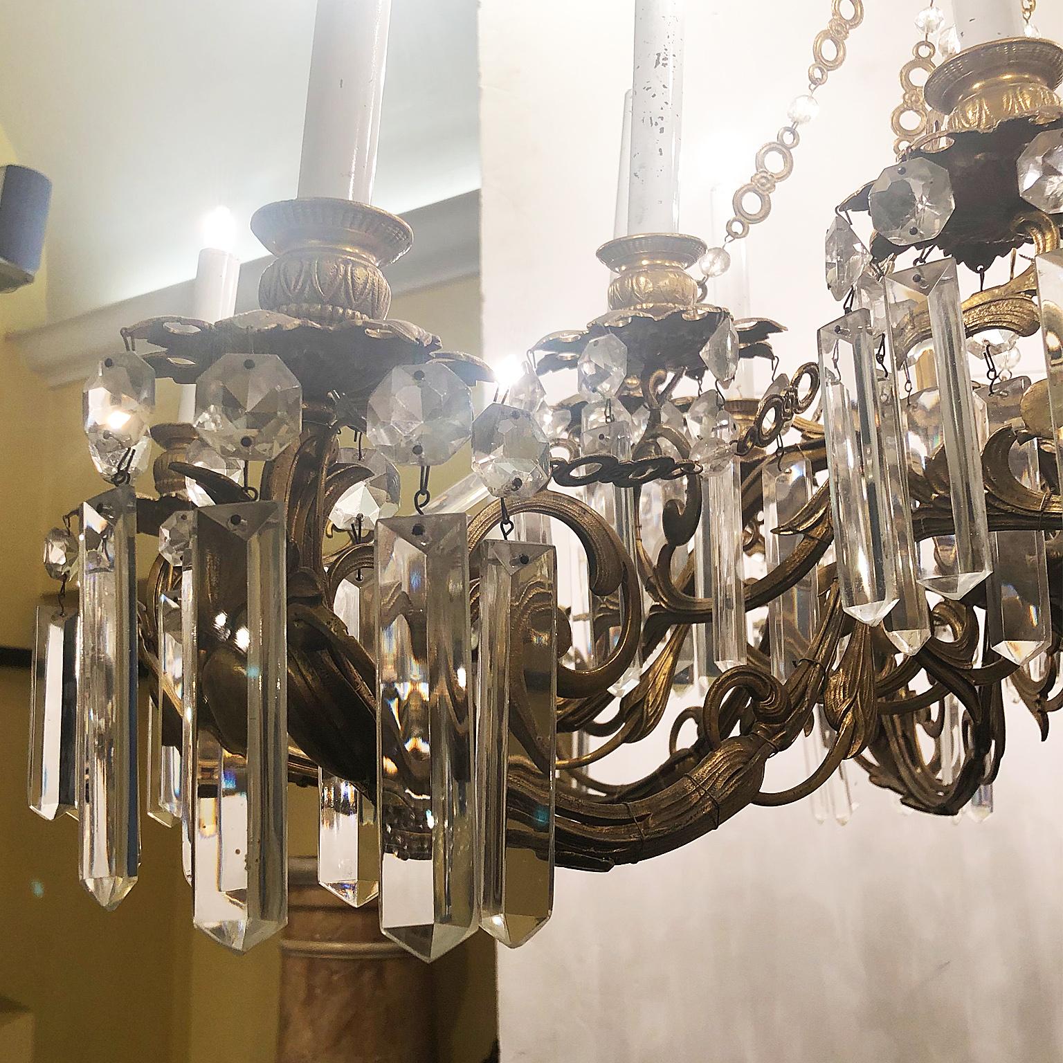 Mid-19th Century Italian Florence Capital Big Chandelier Gilded Bronze Cristall Pendent 16-Light For Sale