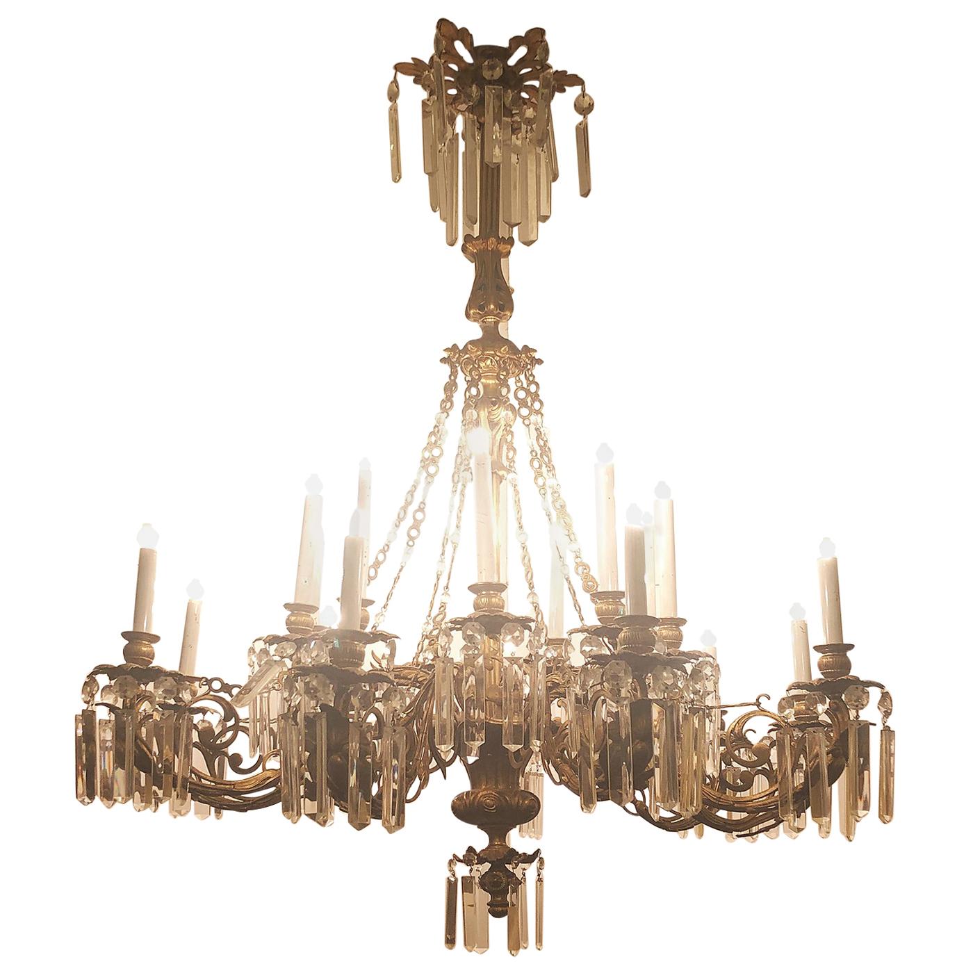 Italian Florence Capital Big Chandelier Gilded Bronze Cristall Pendent 16-Light For Sale