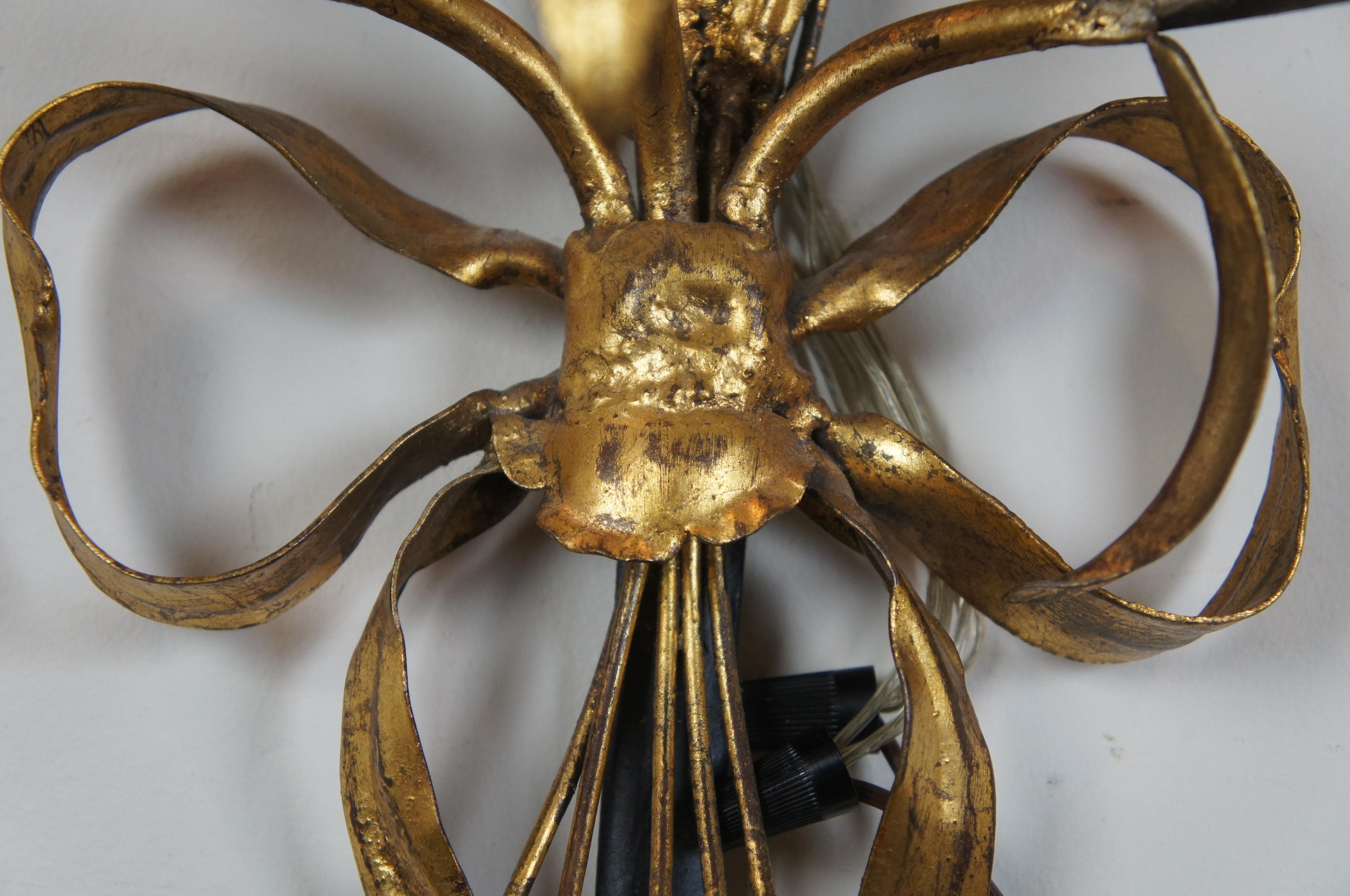 20th Century Italian Florentine 3-Light Wheat Sword Tole Candelabra Wall Sconce Regency