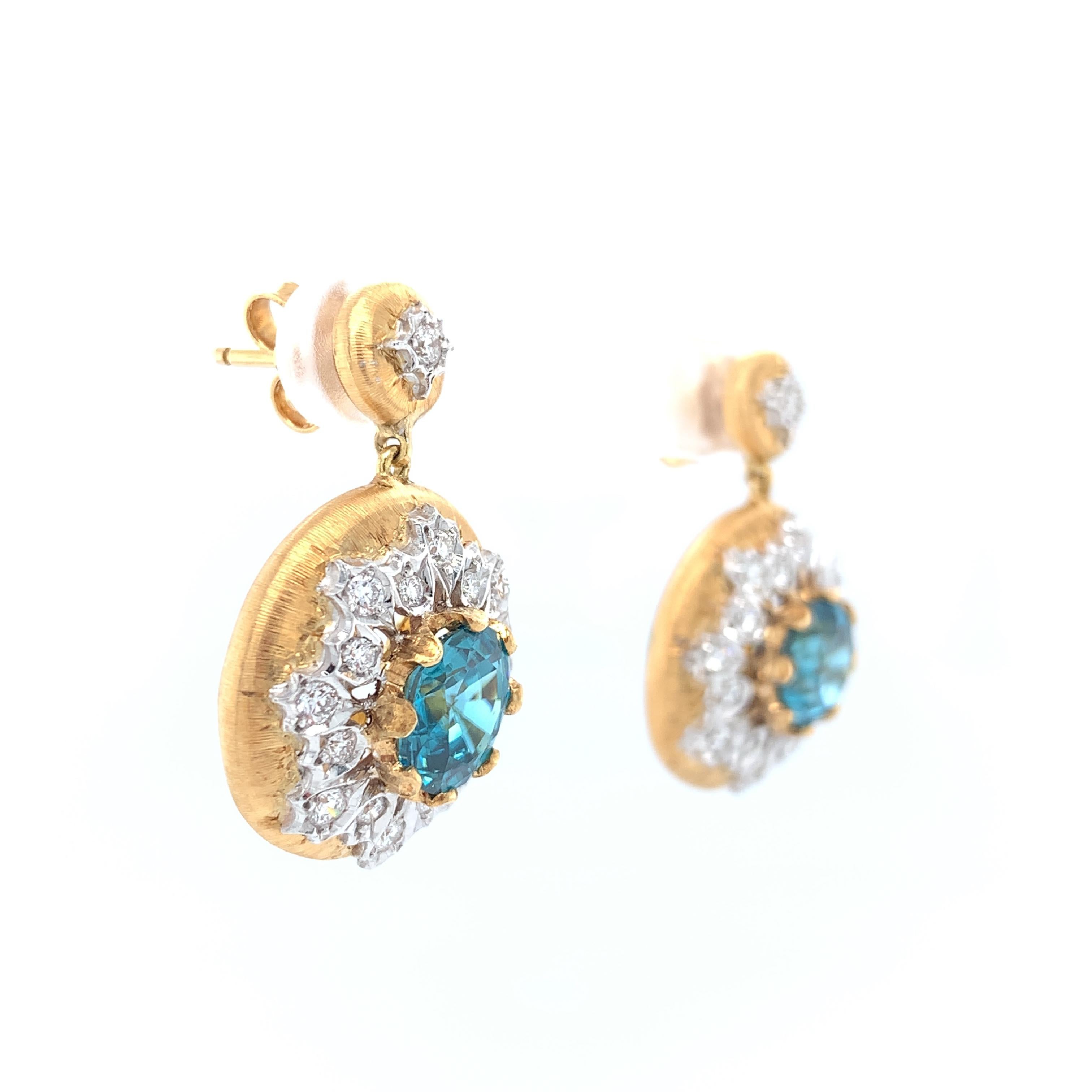 Round Cut Florentine Style 7 ct. t.w. Blue Zircon, Diamond Two-Toned Gold Drop Earrings