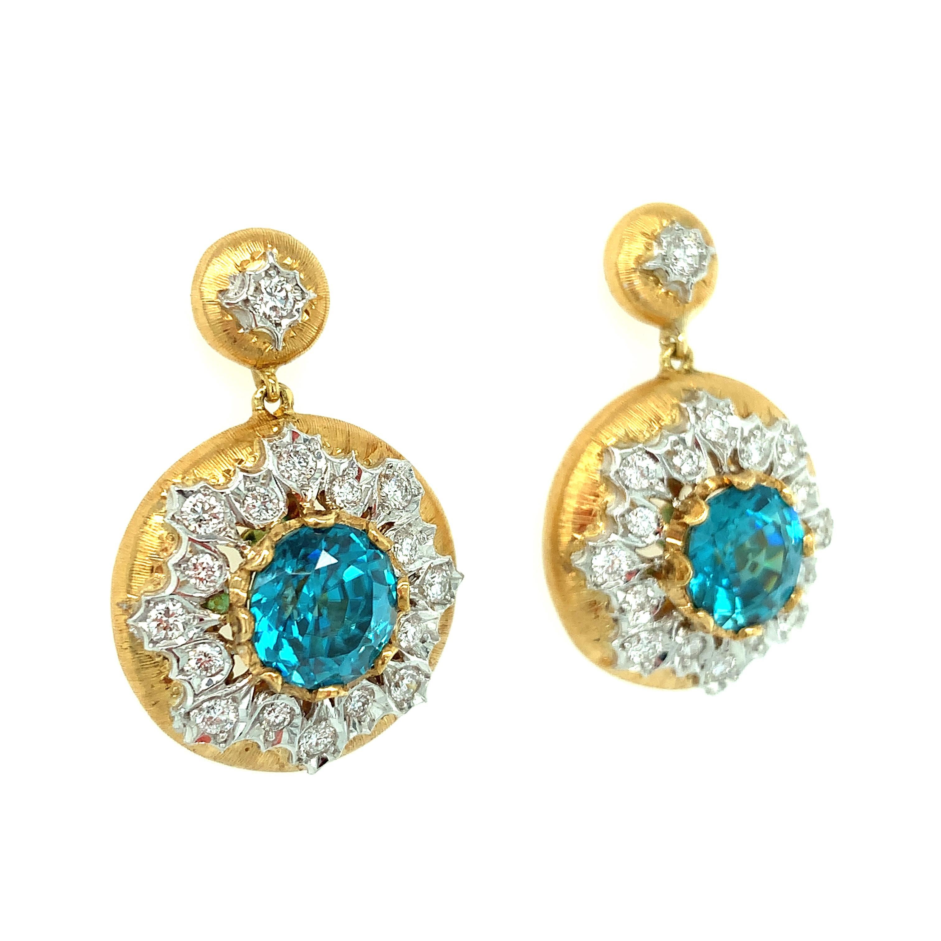 Artisan Florentine Style 7 ct. t.w. Blue Zircon, Diamond Two-Toned Gold Drop Earrings