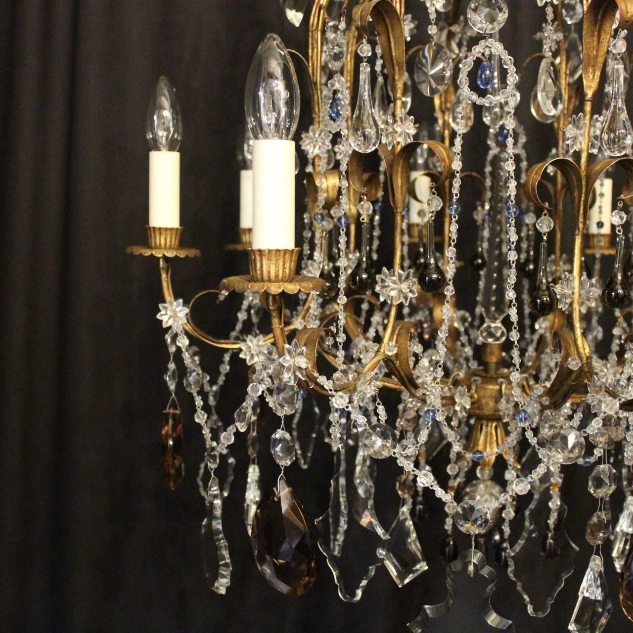 Gilt Italian Florentine and Crystal Eight-Light Antique Cage Chandelier