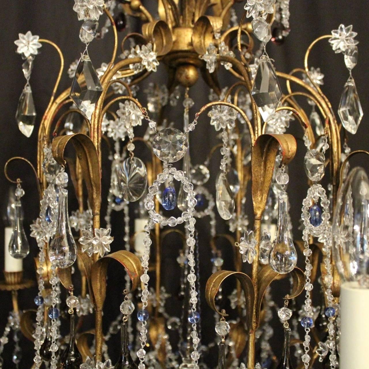 20th Century Italian Florentine and Crystal Eight-Light Antique Cage Chandelier