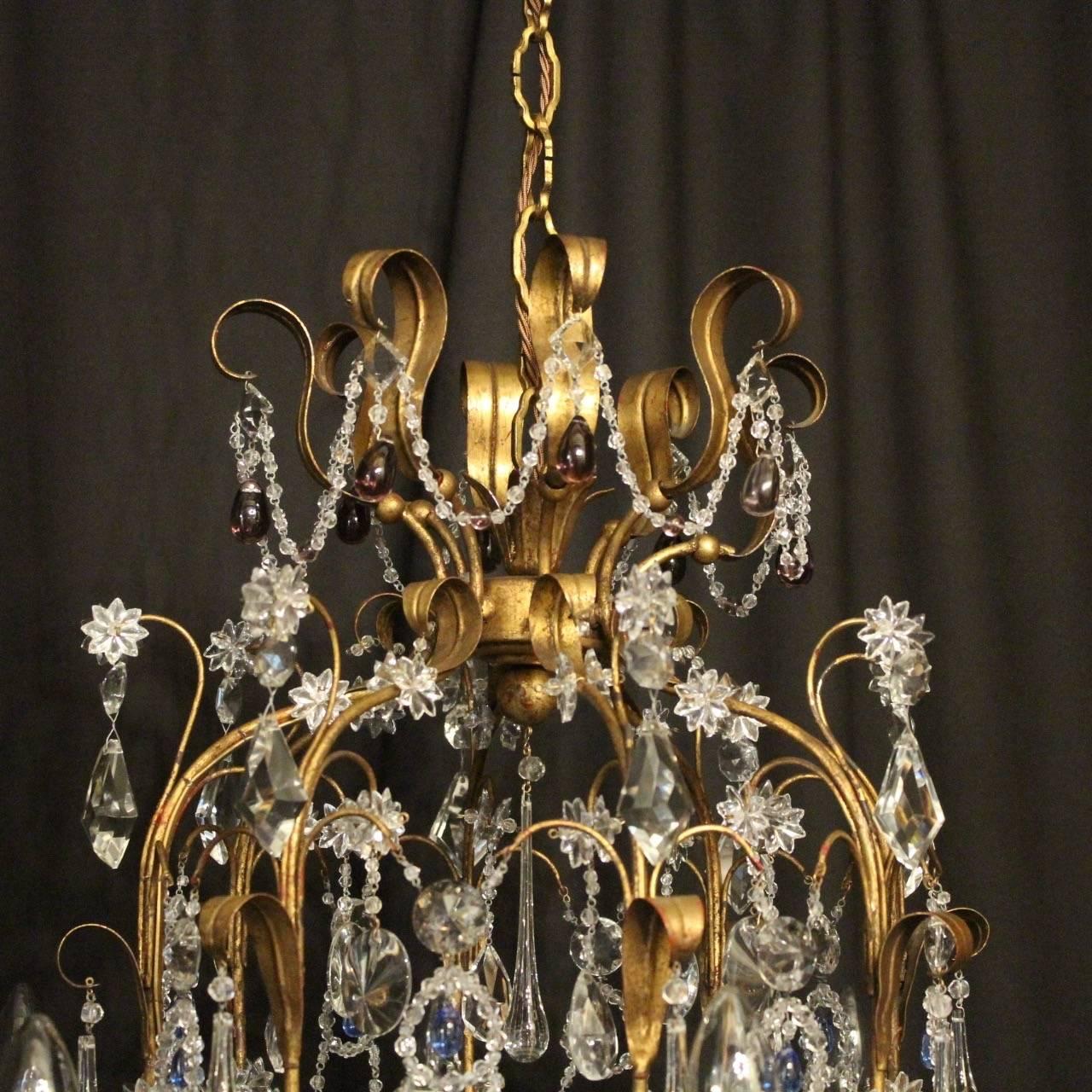 Italian Florentine and Crystal Eight-Light Antique Cage Chandelier 1