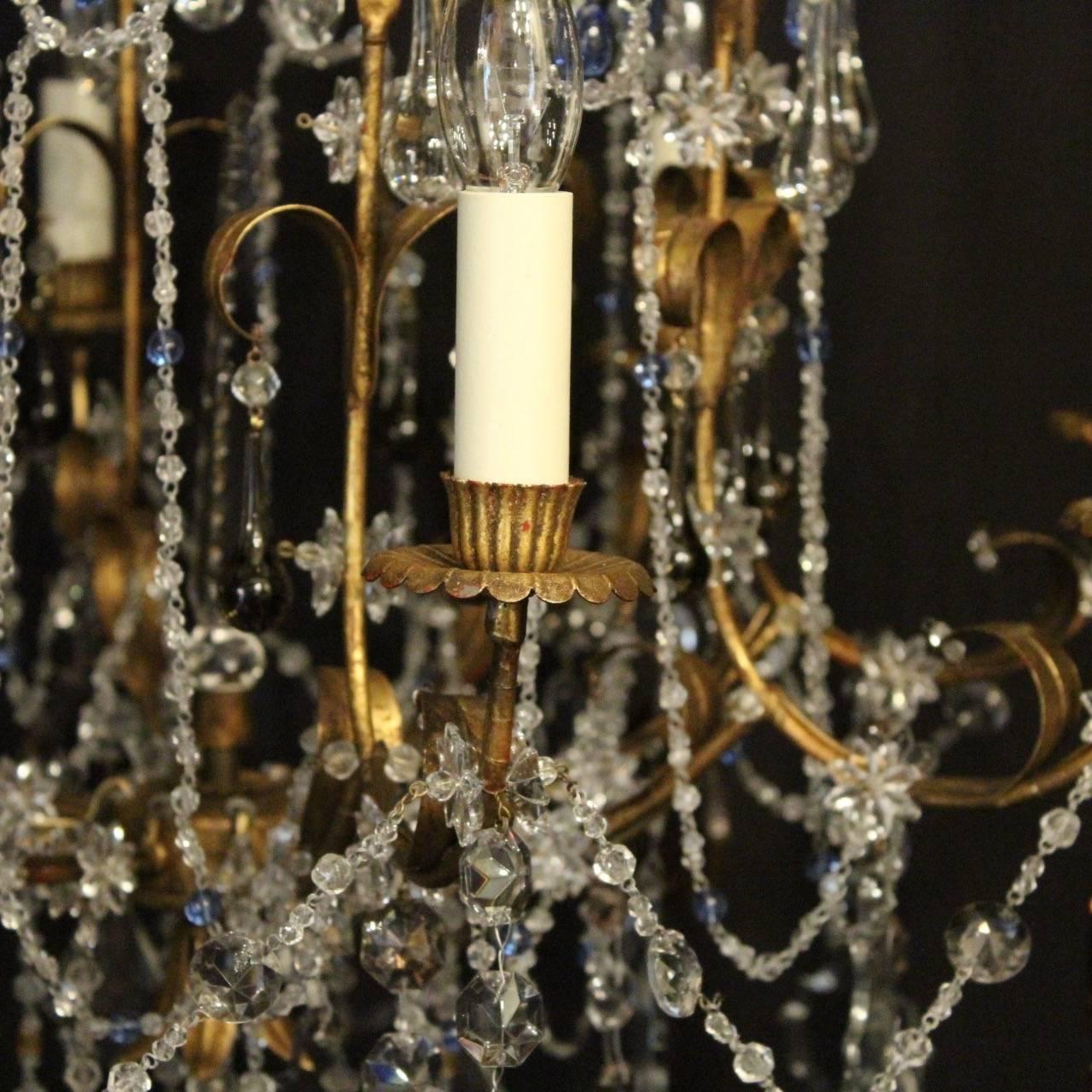 Italian Florentine and Crystal Eight-Light Antique Cage Chandelier 2