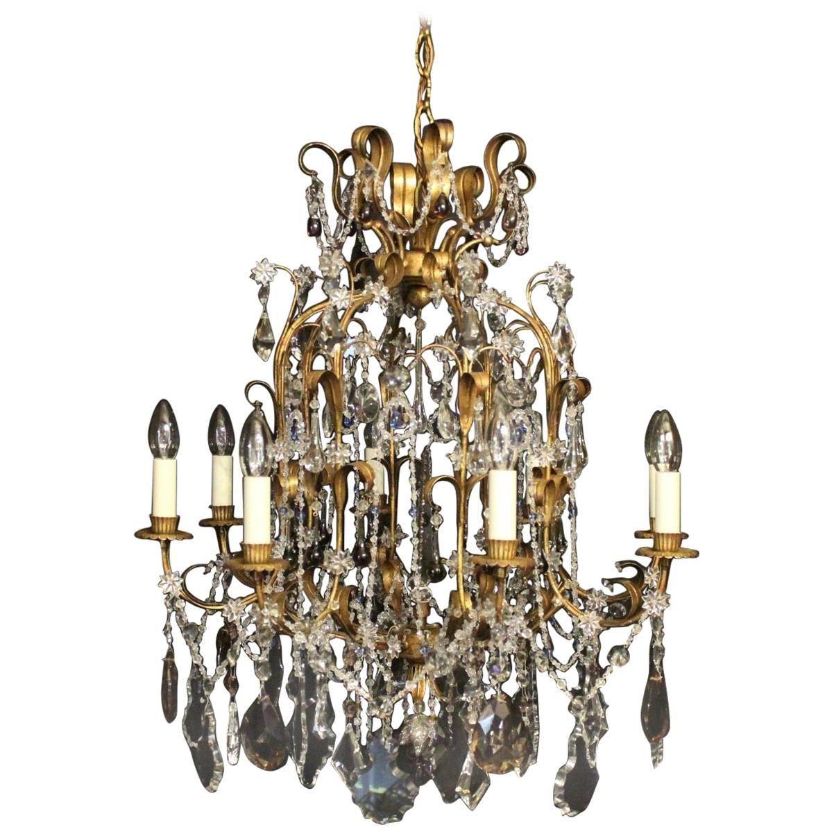 Italian Florentine and Crystal Eight-Light Antique Cage Chandelier