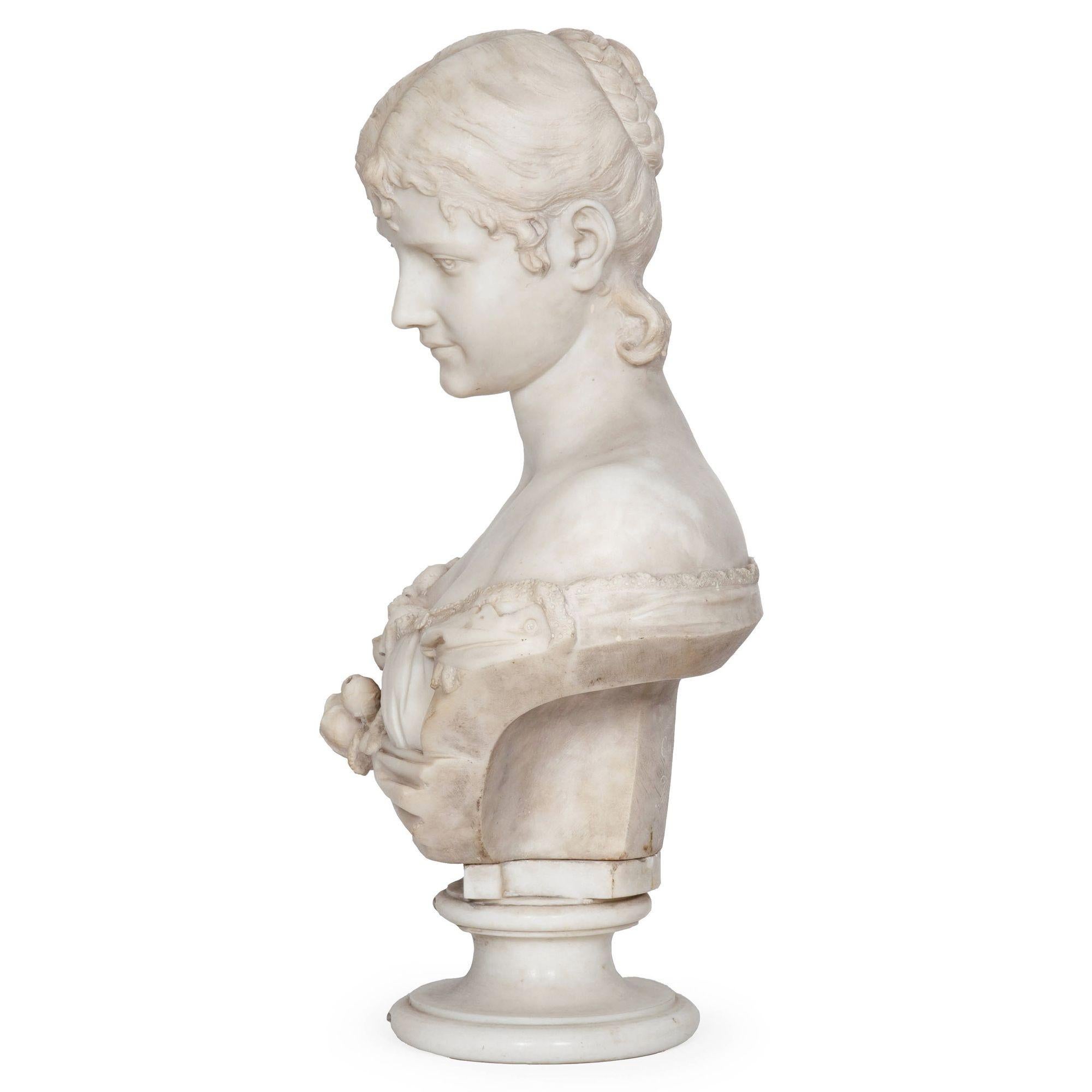 19th Century Italian Florentine Antique Marble Bust of a Woman by Galleria Lapini ca. 1899