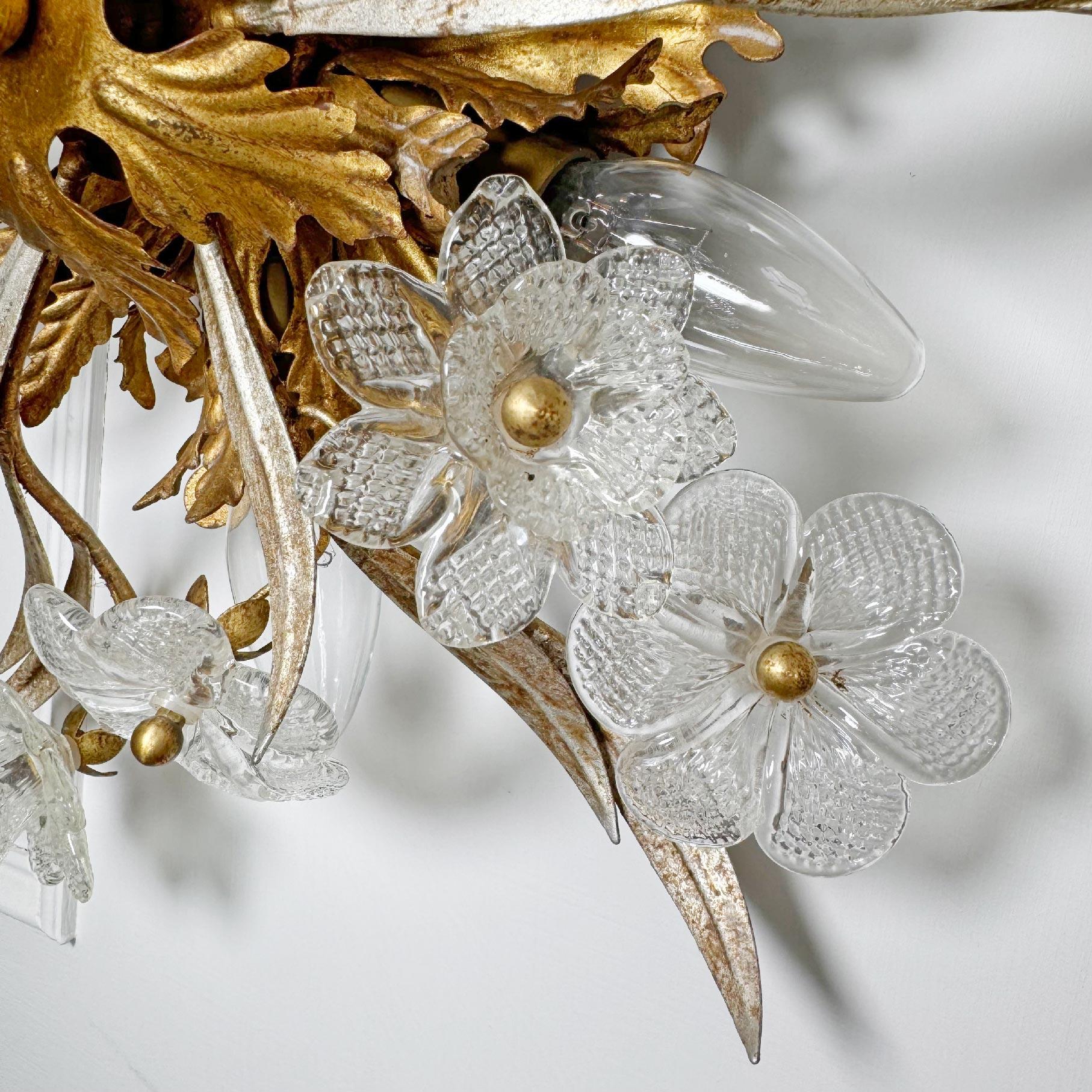 A stunning and rare 1950's Murano Glass and Gilt Floral ceiling or wall light (could be used either way) by the leading Italian design house Banci Firenze, large 3 dimensional Venetian Murano glass flowers throughout, with 6 e14 (small screw in)