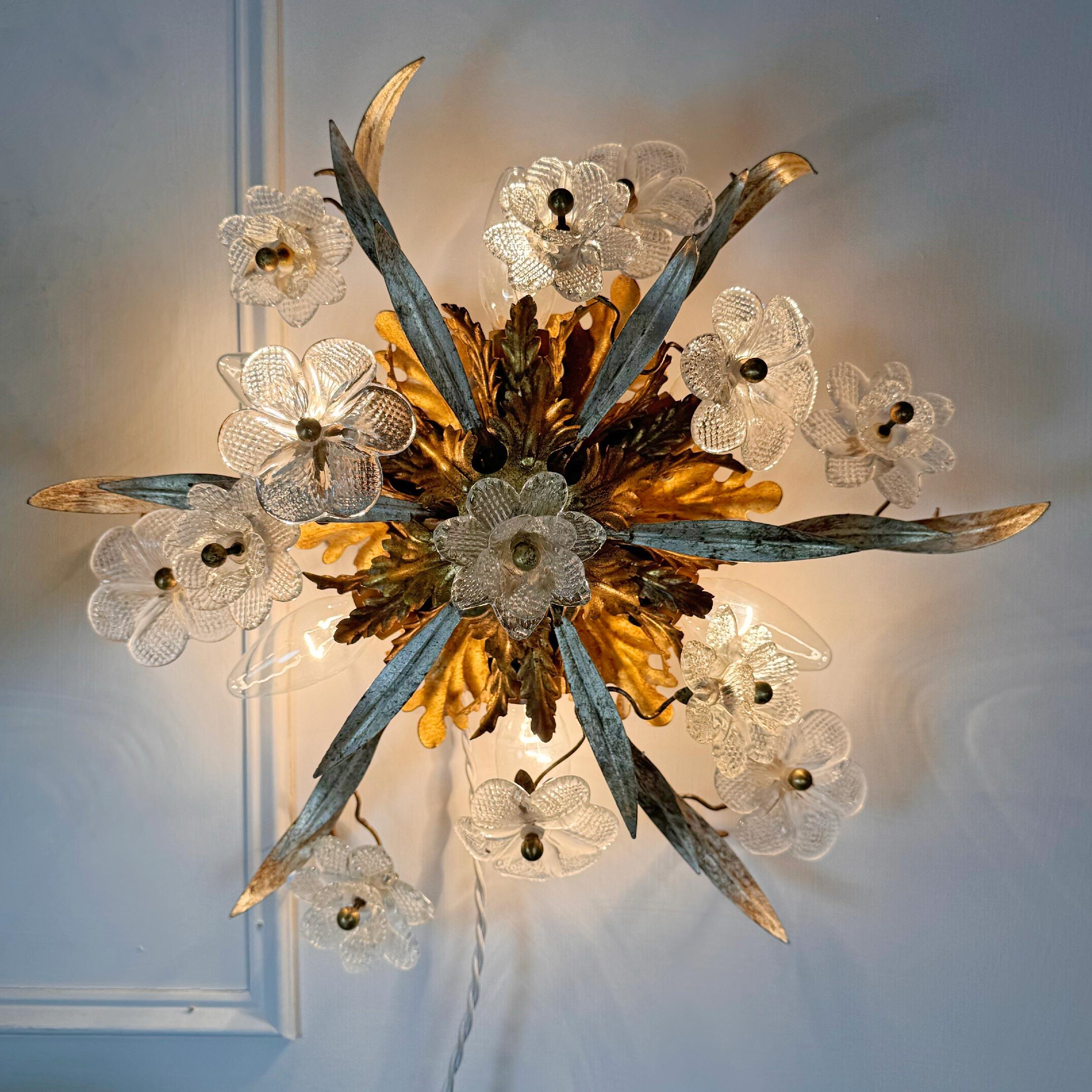 Hollywood Regency Italian Florentine Banci Firenze Murano Glass Flush Light For Sale