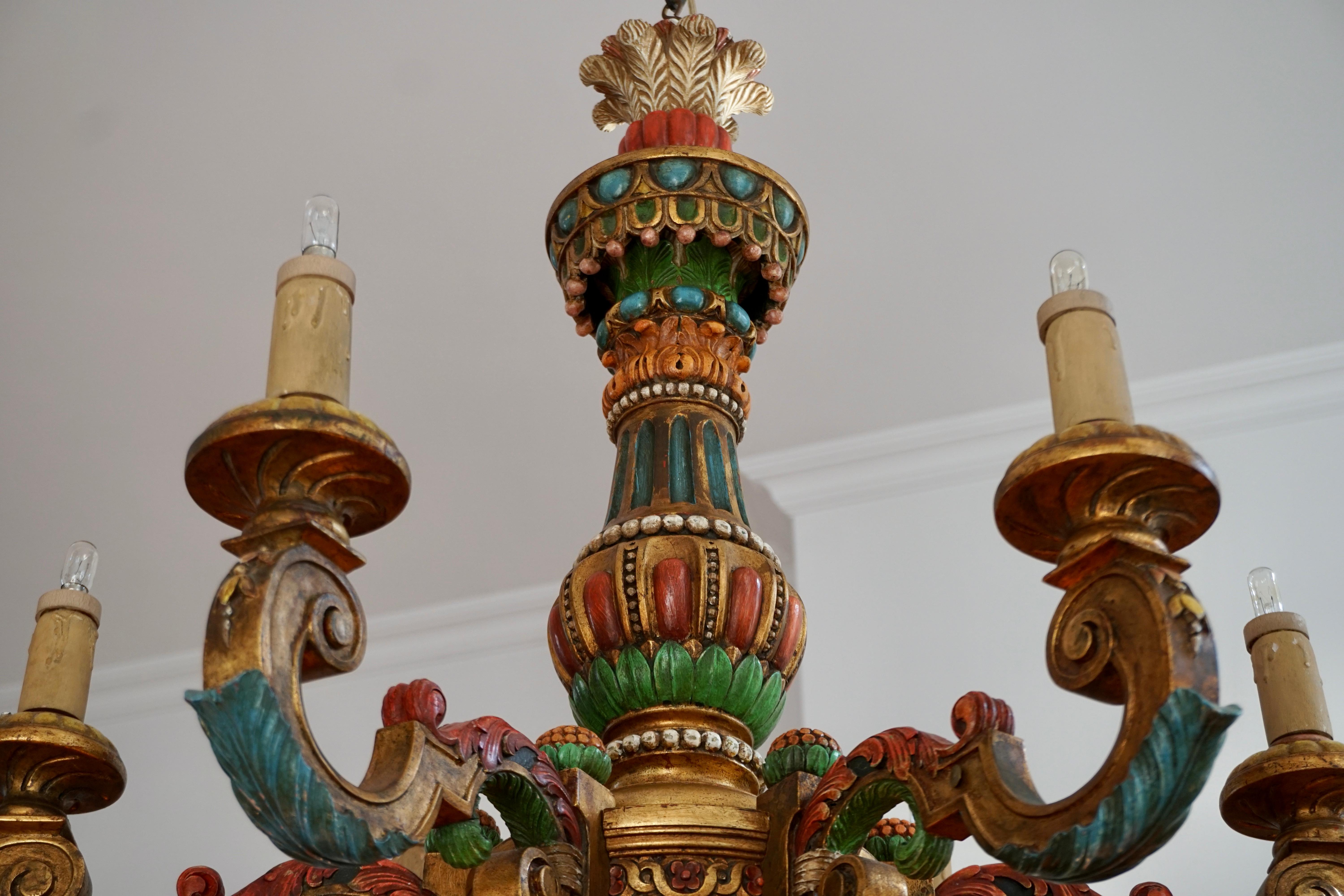 Italian Florentine Baroque Style Polychrome Wood Chandelier 4