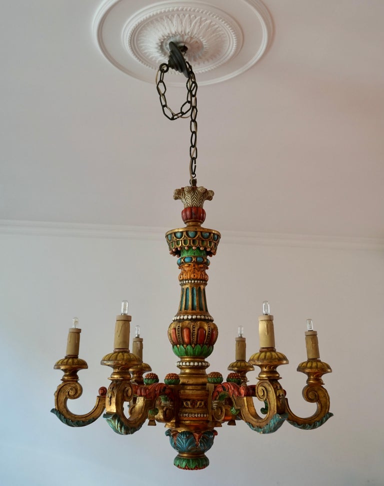 Italian Florentine Baroque Style Polychrome Wood Chandelier In Good Condition For Sale In Antwerp, BE
