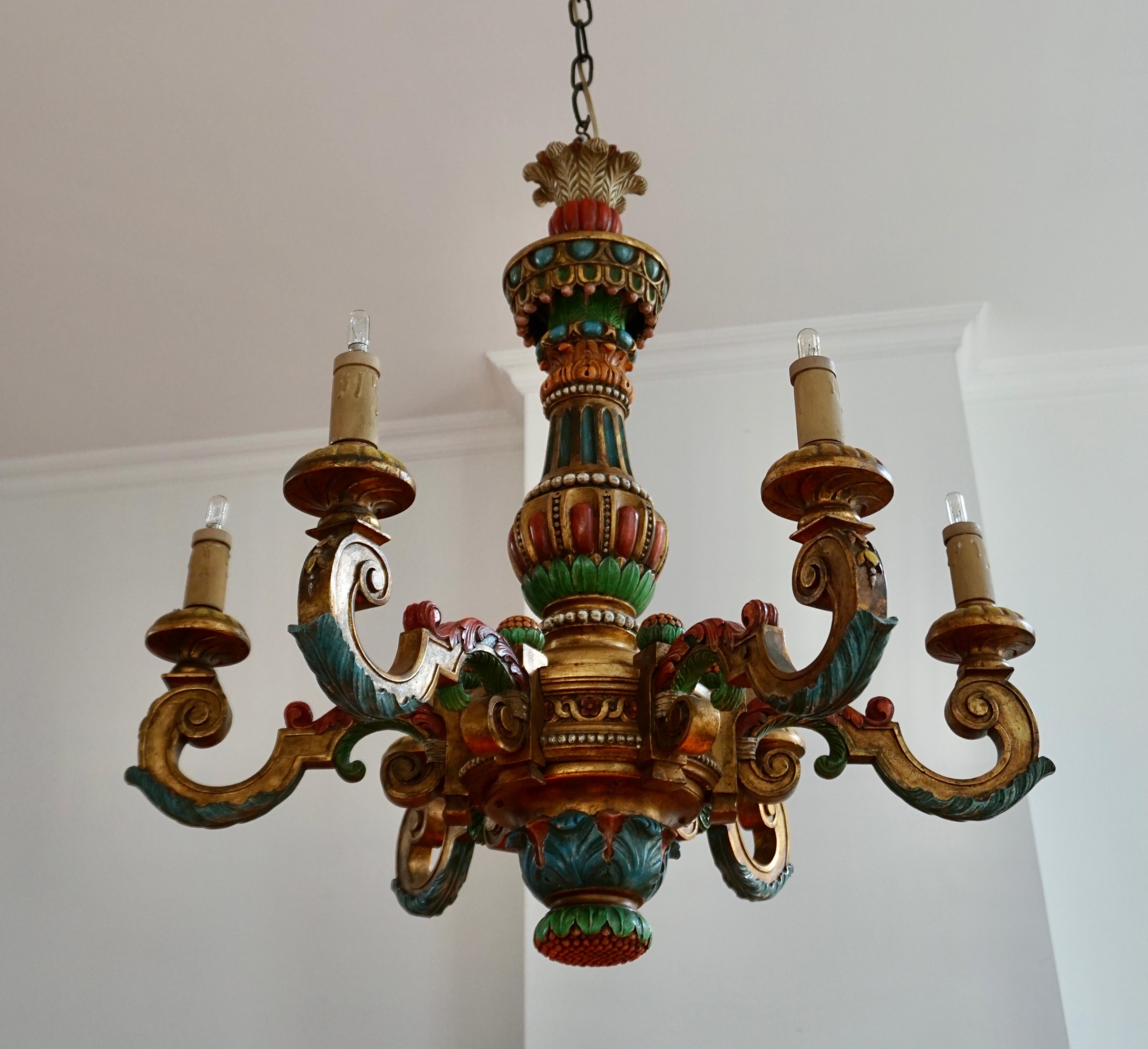 Hollywood Regency Italian Florentine Baroque Style Polychrome Wood Chandelier