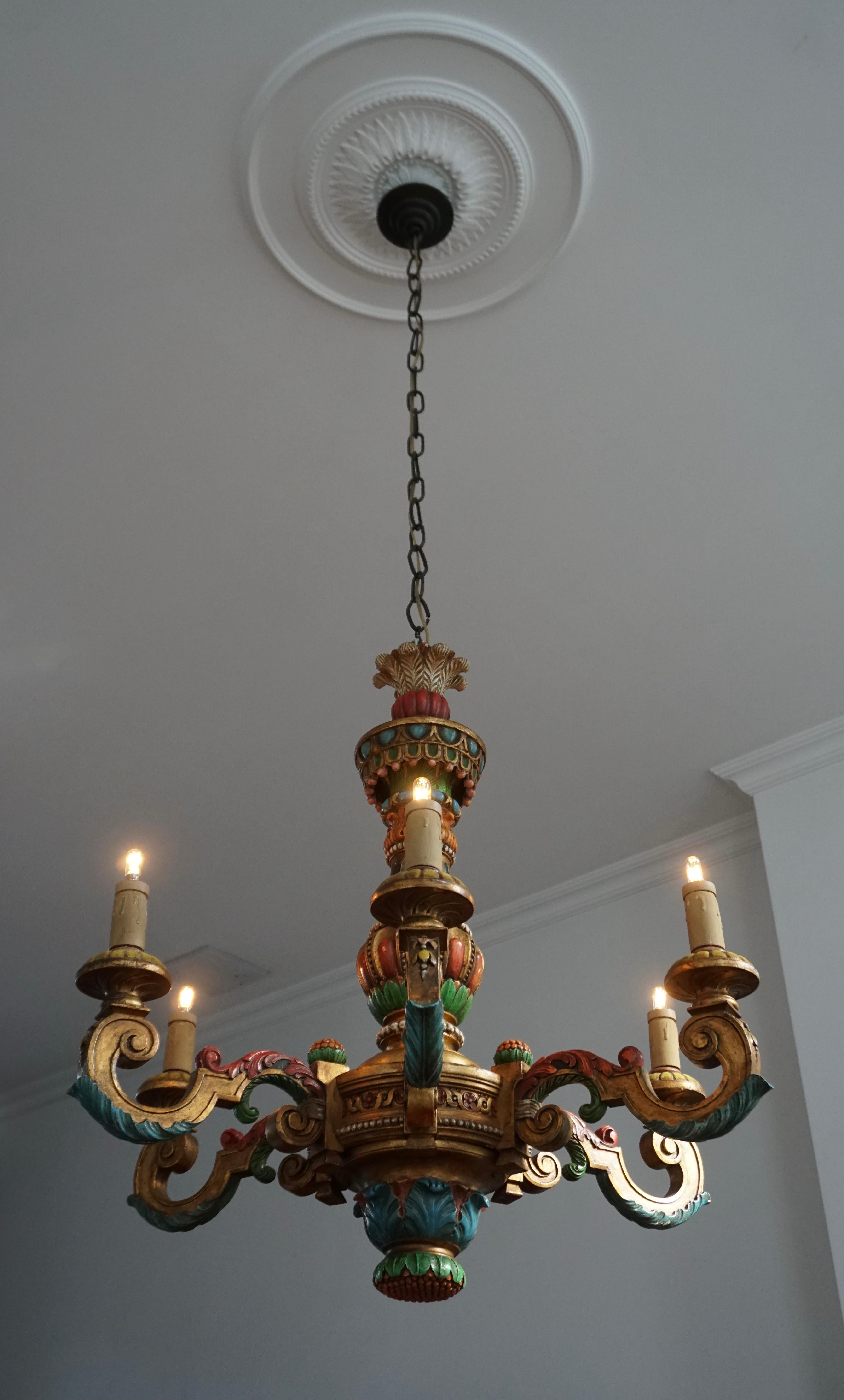 20th Century Italian Florentine Baroque Style Polychrome Wood Chandelier