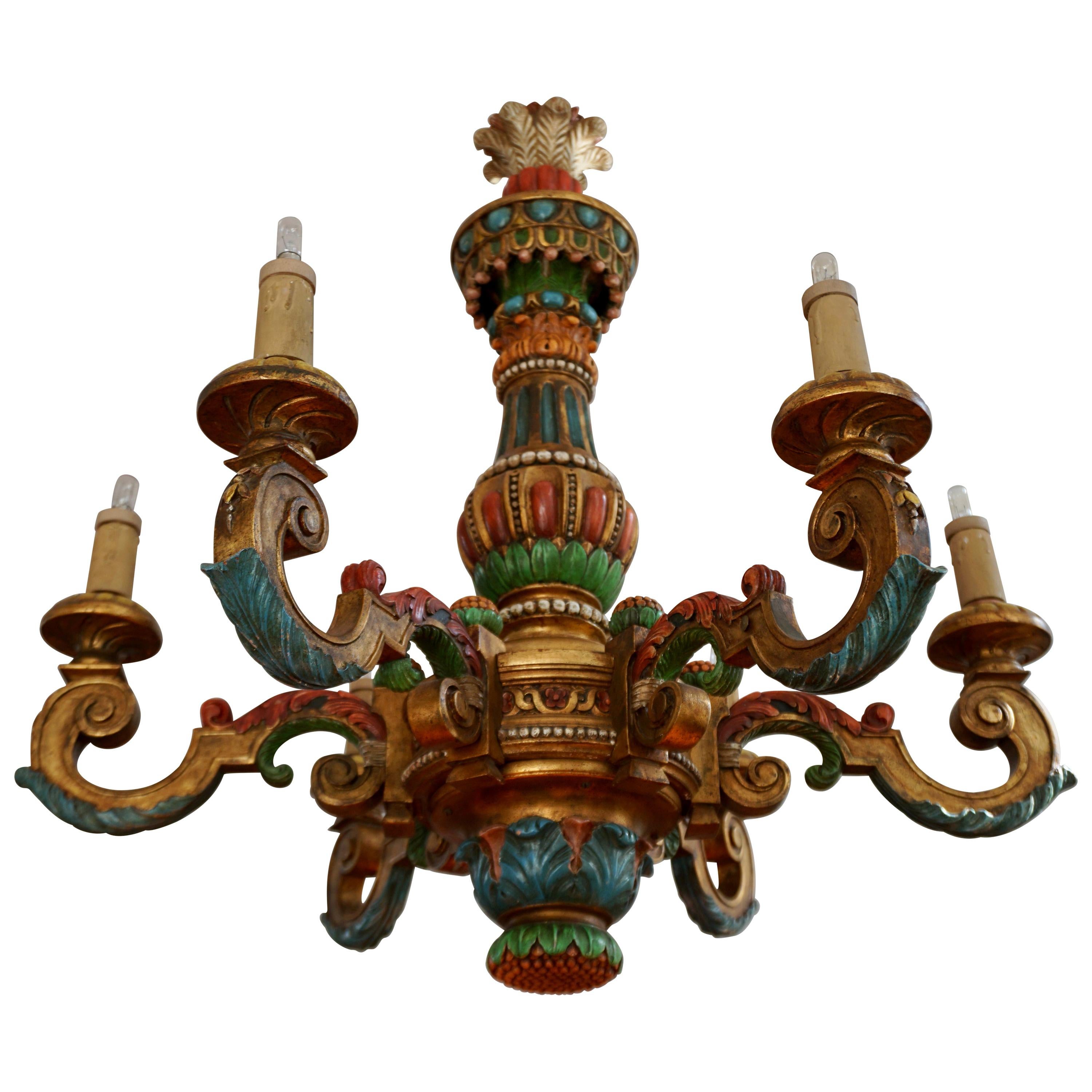 Italian Florentine Baroque Style Polychrome Wood Chandelier