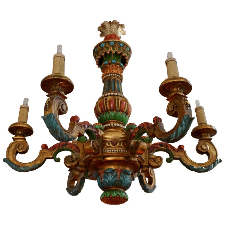 Italian Florentine Baroque Style Polychrome Wood Chandelier For Sale