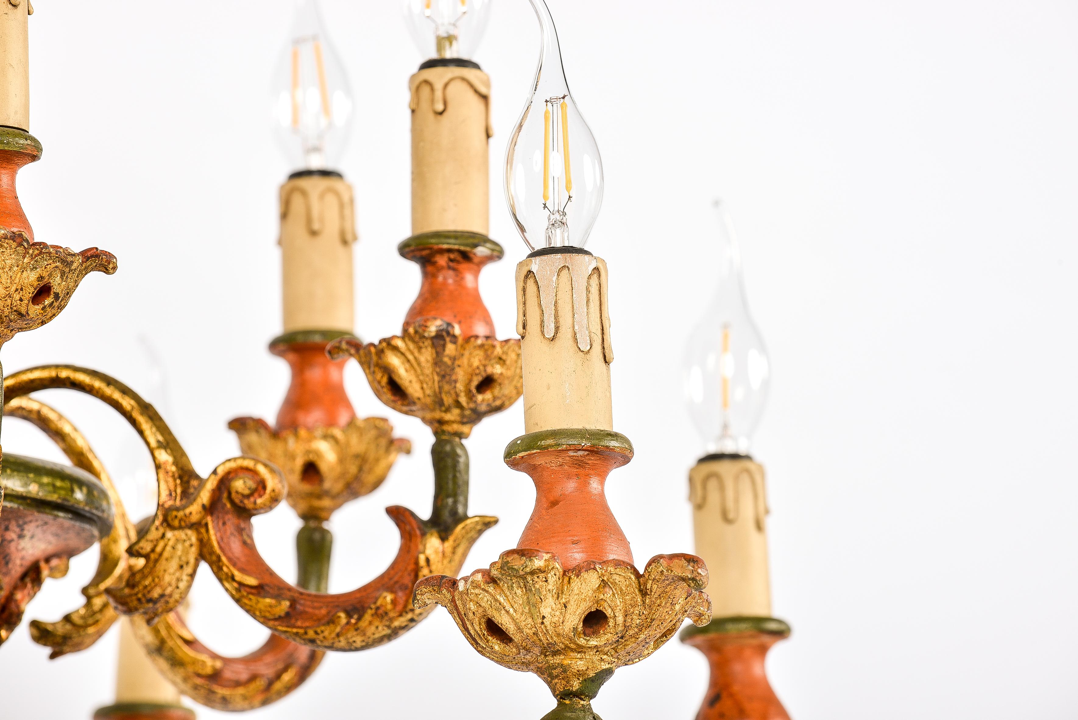 Hand-Carved Italian Florentine Baroque Style Polychrome Wood Two-Tier 12-Light Chandelier
