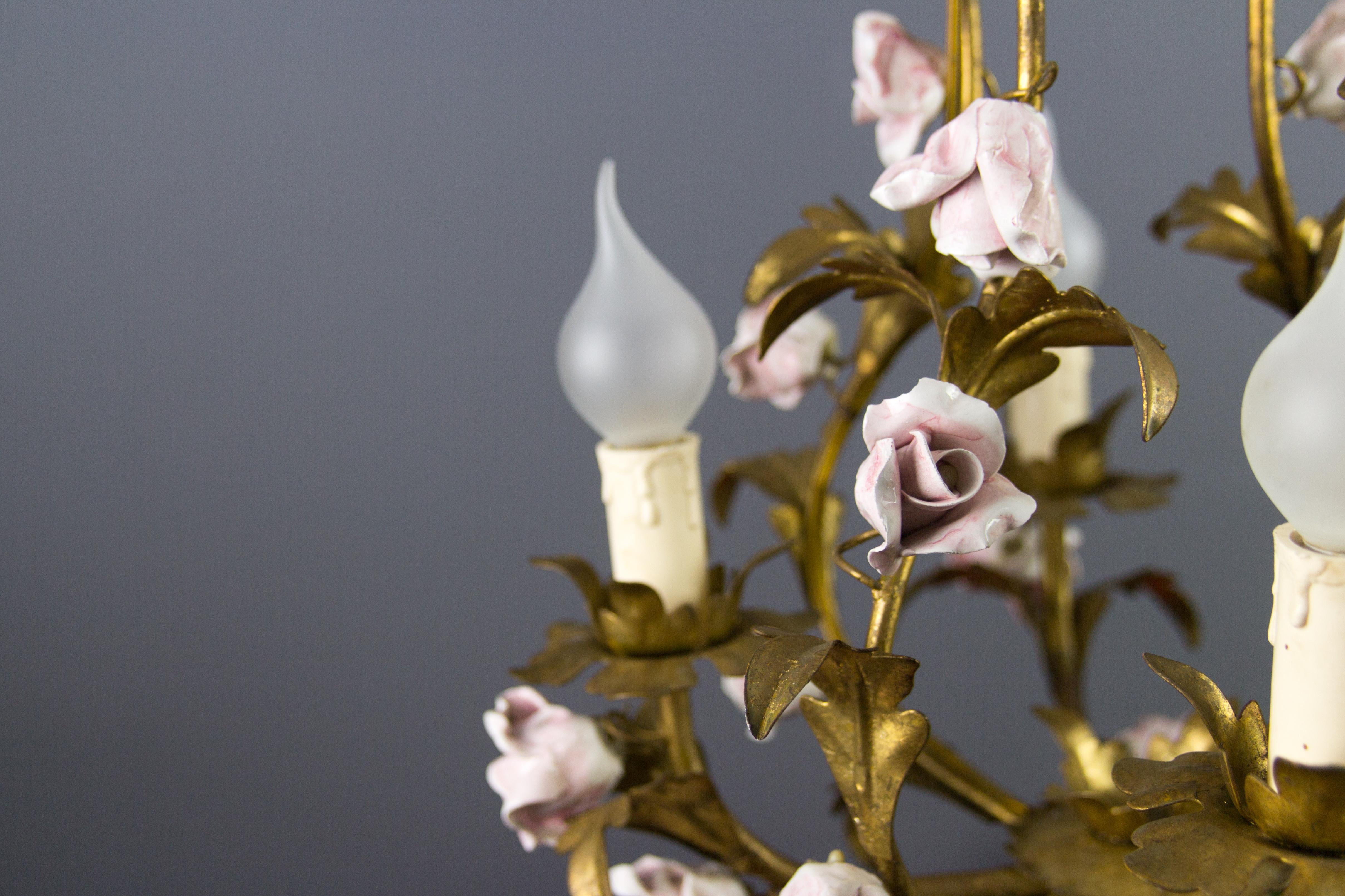 Italian Florentine Birdcage Gold Color Tôle Chandelier with Pink Ceramic Roses 6