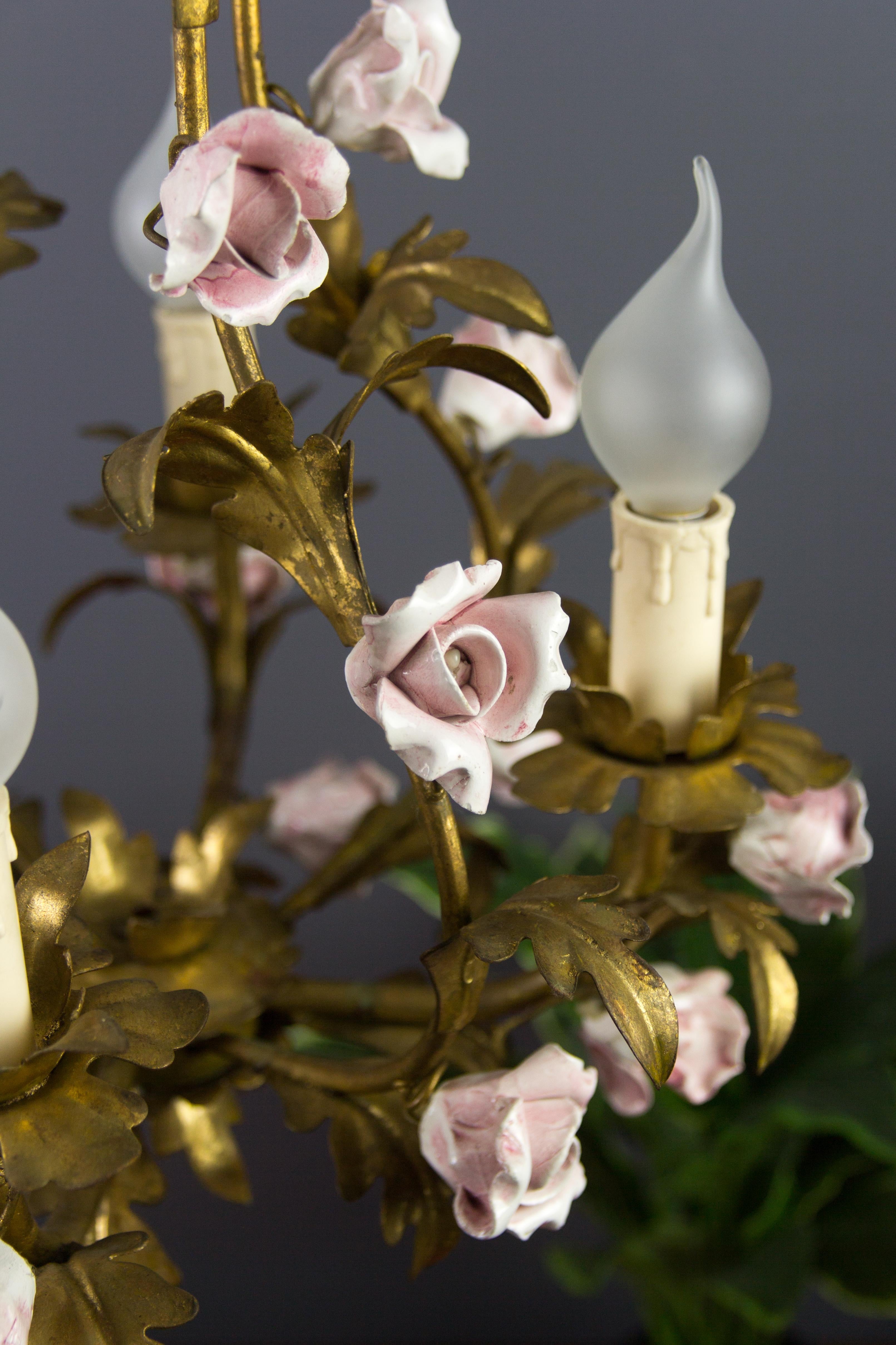 Italian Florentine Birdcage Gold Color Tôle Chandelier with Pink Ceramic Roses 7