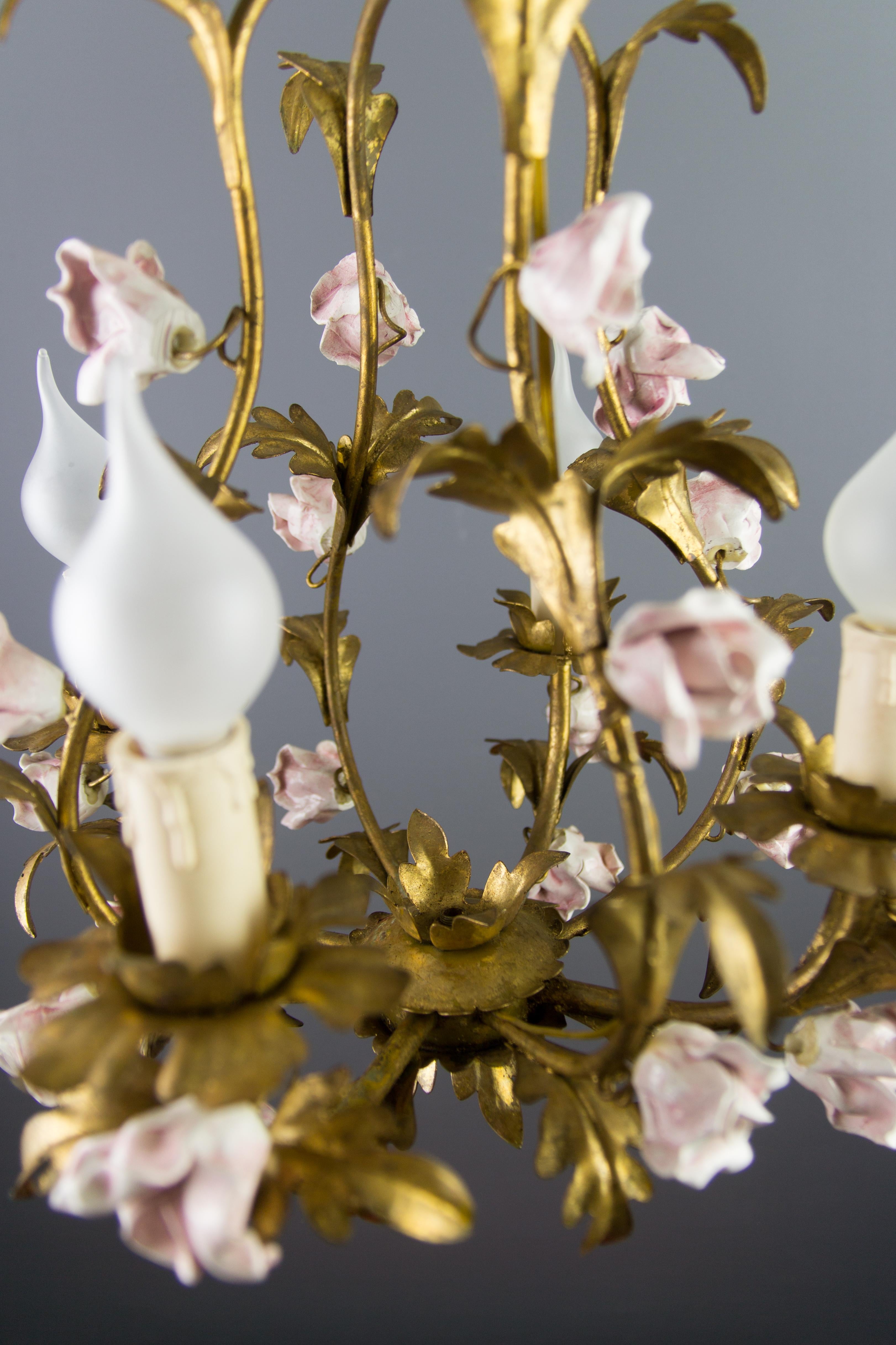Italian Florentine Birdcage Gold Color Tôle Chandelier with Pink Ceramic Roses 8