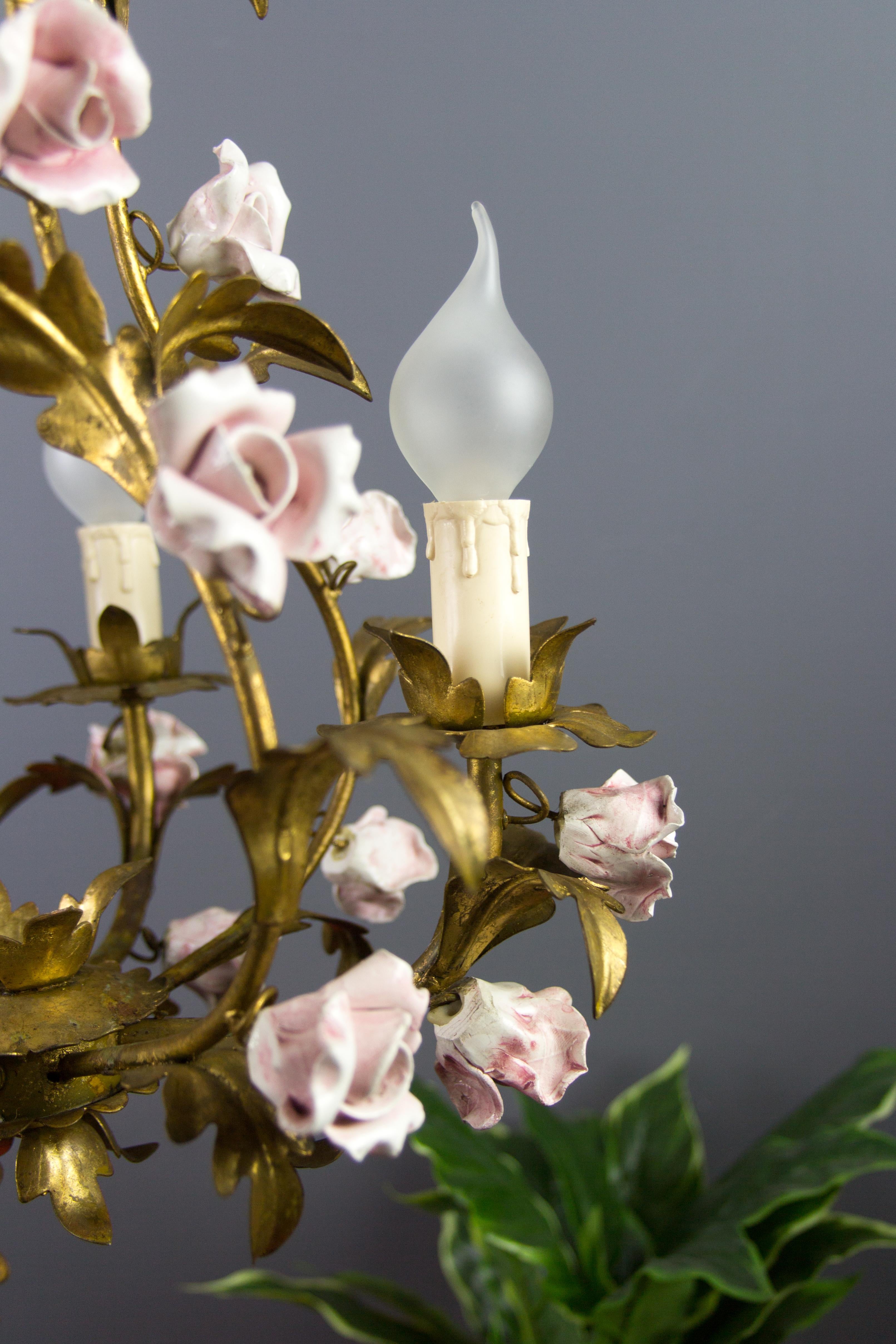 Italian Florentine Birdcage Gold Color Tôle Chandelier with Pink Ceramic Roses 9