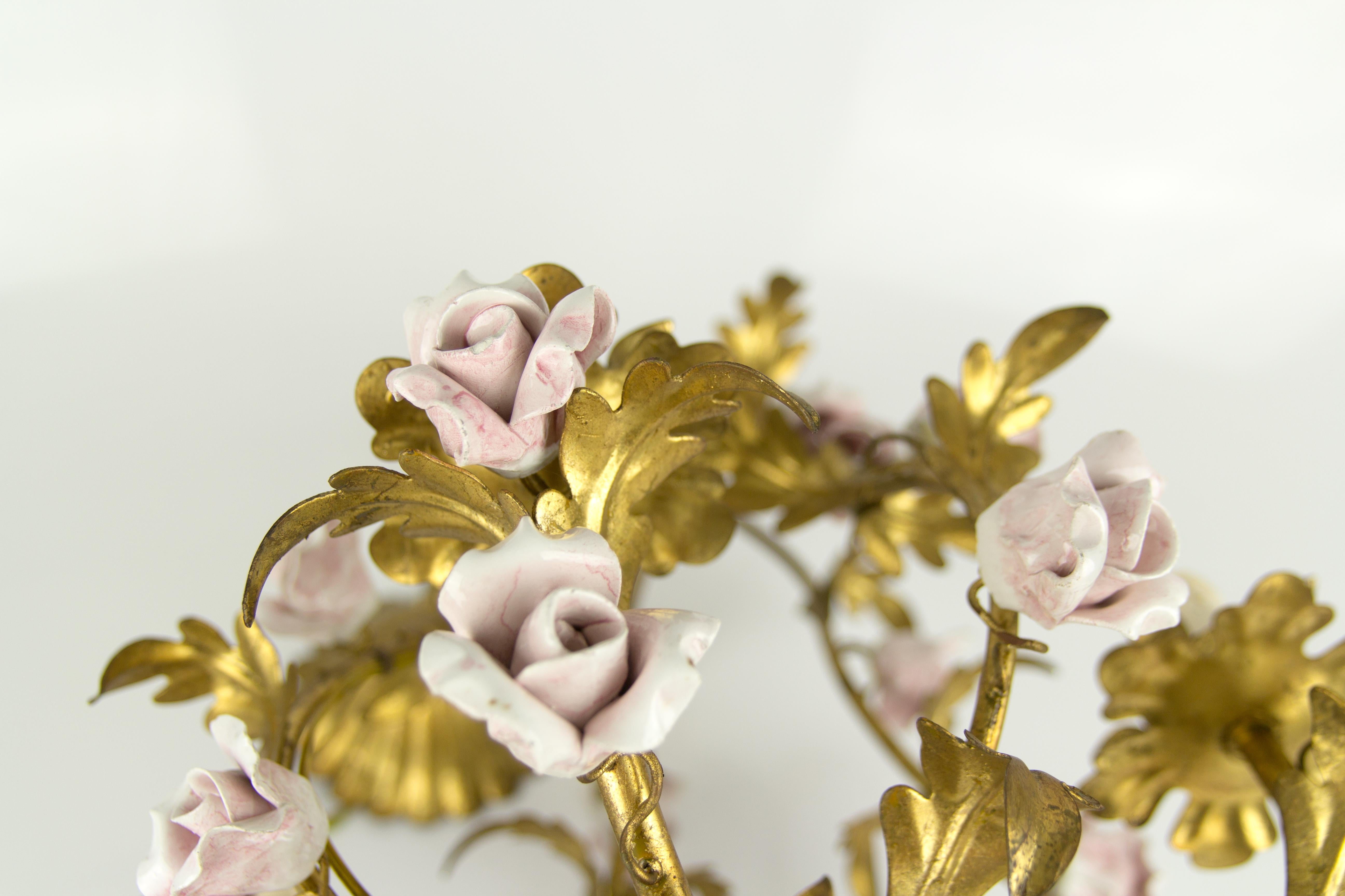 Italian Florentine Birdcage Gold Color Tôle Chandelier with Pink Ceramic Roses 11