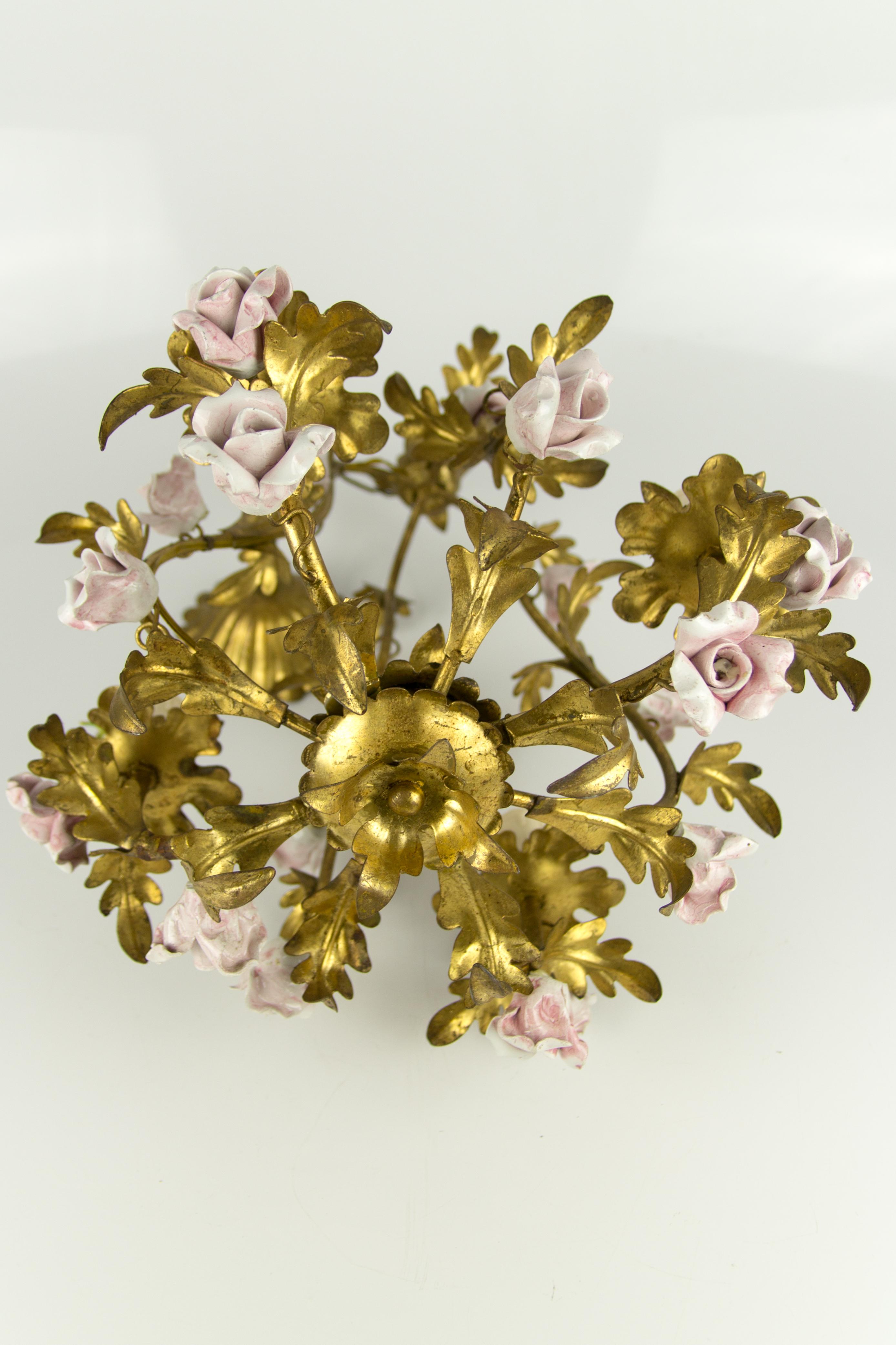 Italian Florentine Birdcage Gold Color Tôle Chandelier with Pink Ceramic Roses 13
