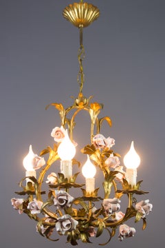 Italian Florentine Birdcage Gold Color Tôle Chandelier with Pink Ceramic Roses