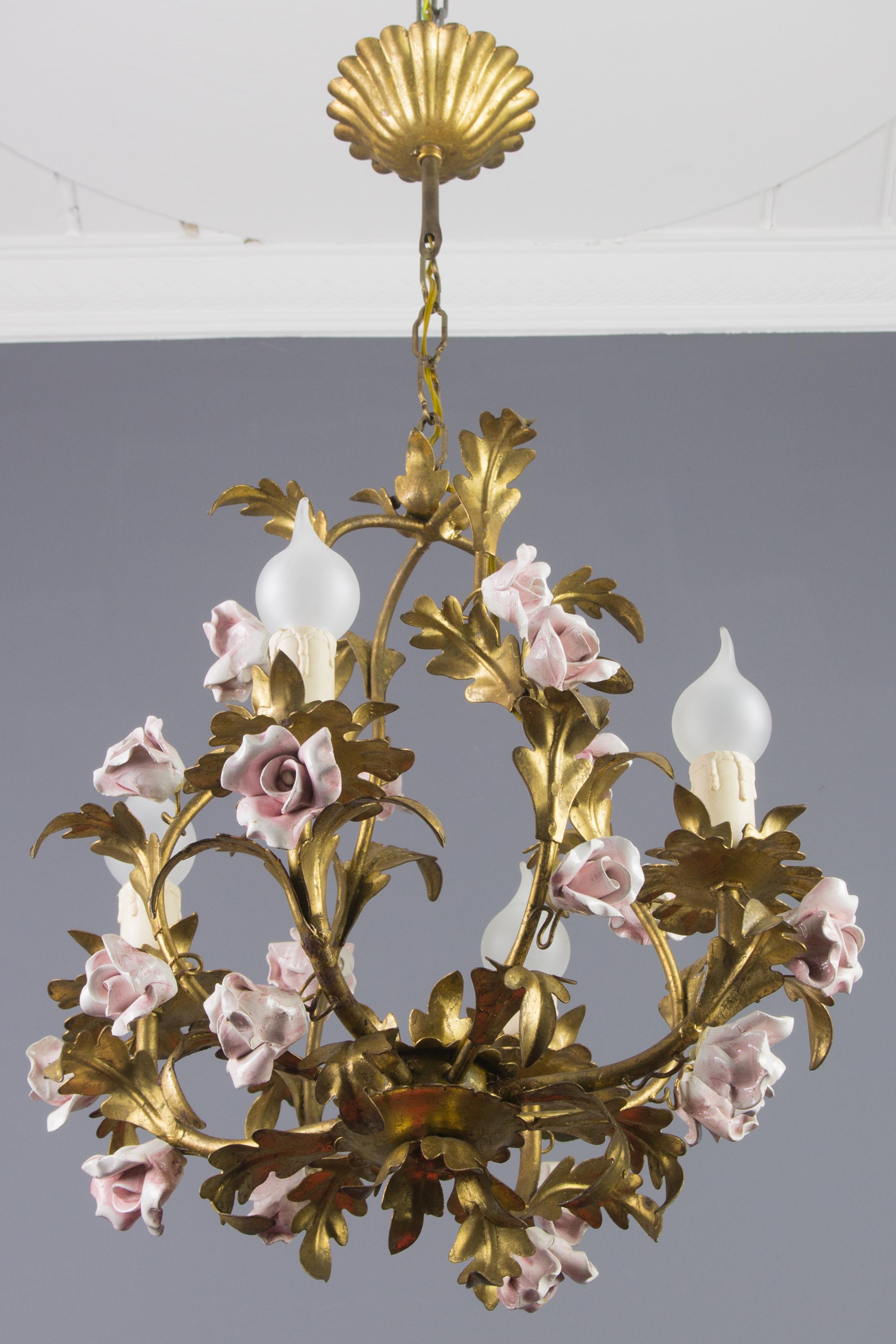 Italian Florentine Birdcage Gold Color Tôle Chandelier with Pink Ceramic Roses 15