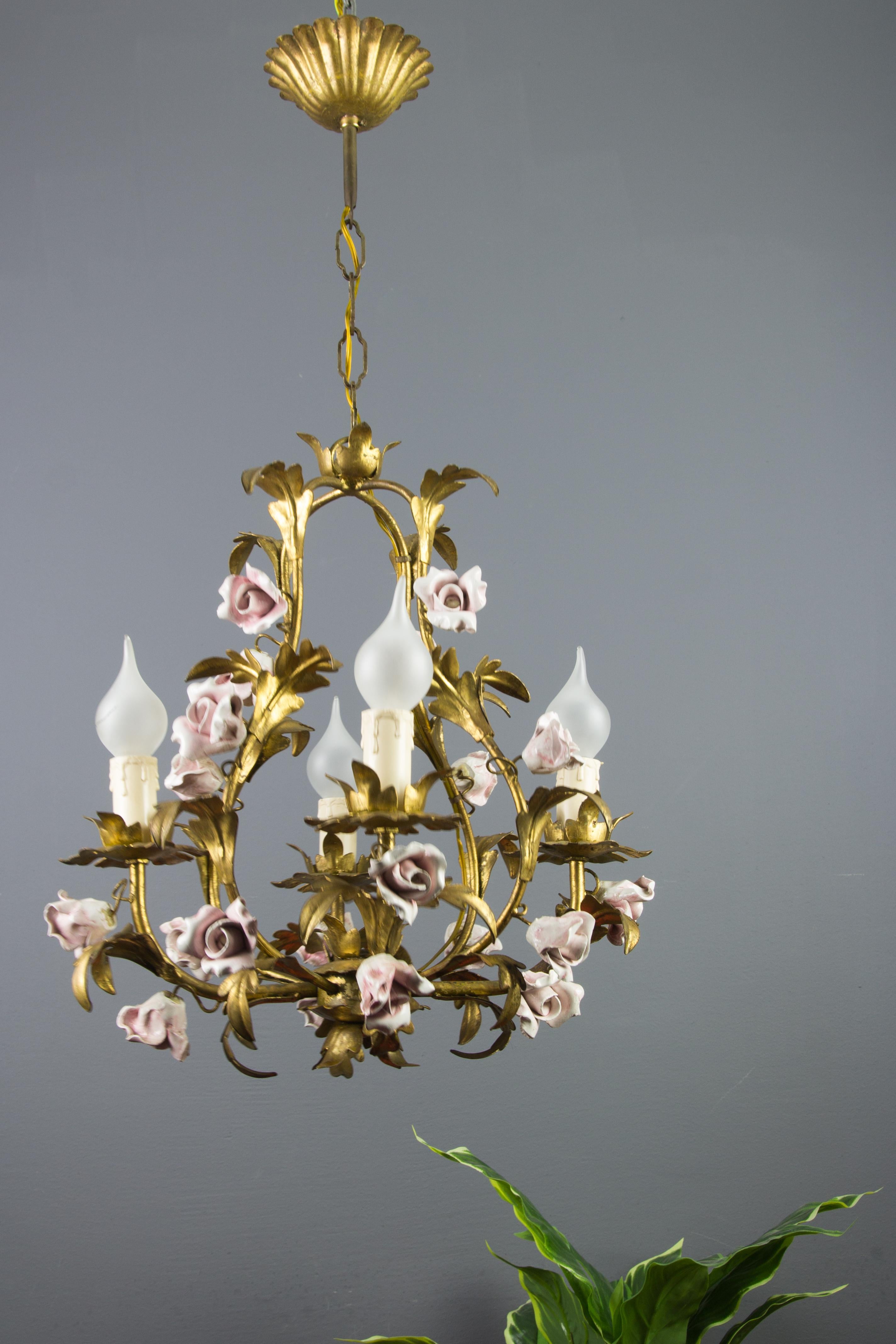 Italian Florentine Birdcage Gold Color Tôle Chandelier with Pink Ceramic Roses 1