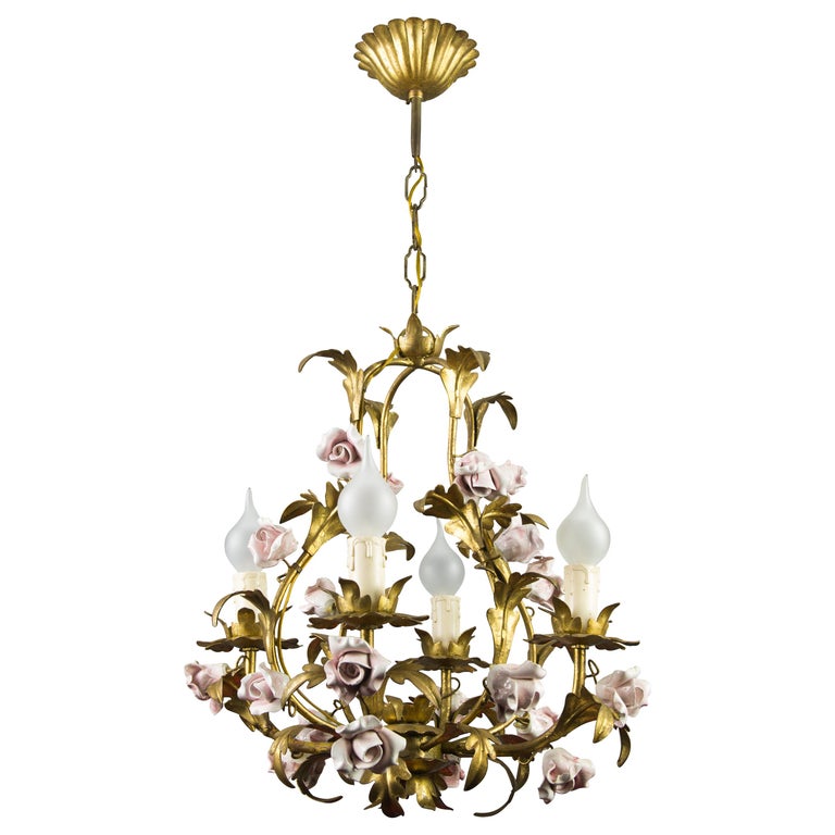 Italian Florentine Birdcage Gold Color Tôle Chandelier with Pink