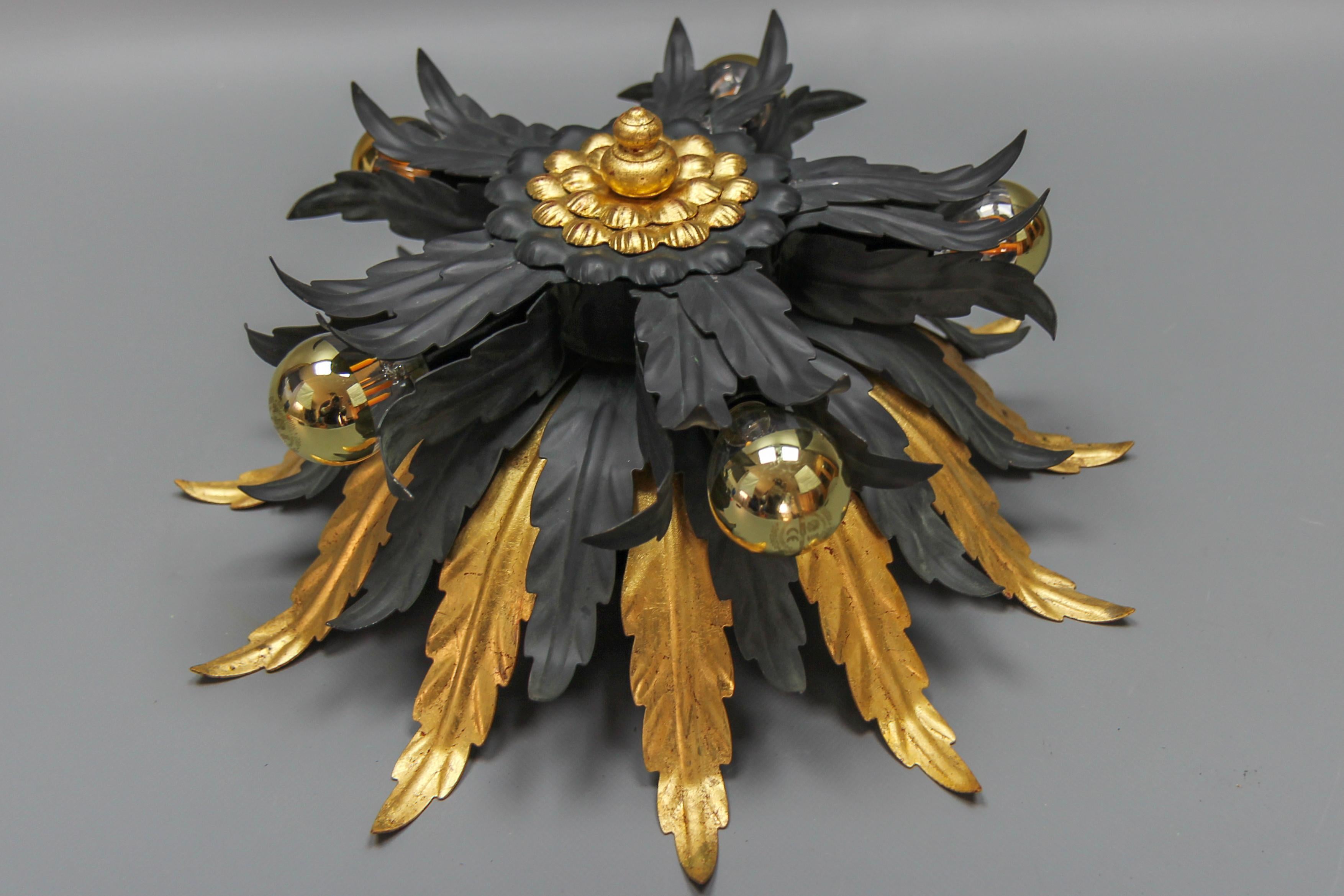 Late 20th Century Italian Florentine Black and Gilt Metal Five-Light Flush Mount or Wall Light For Sale