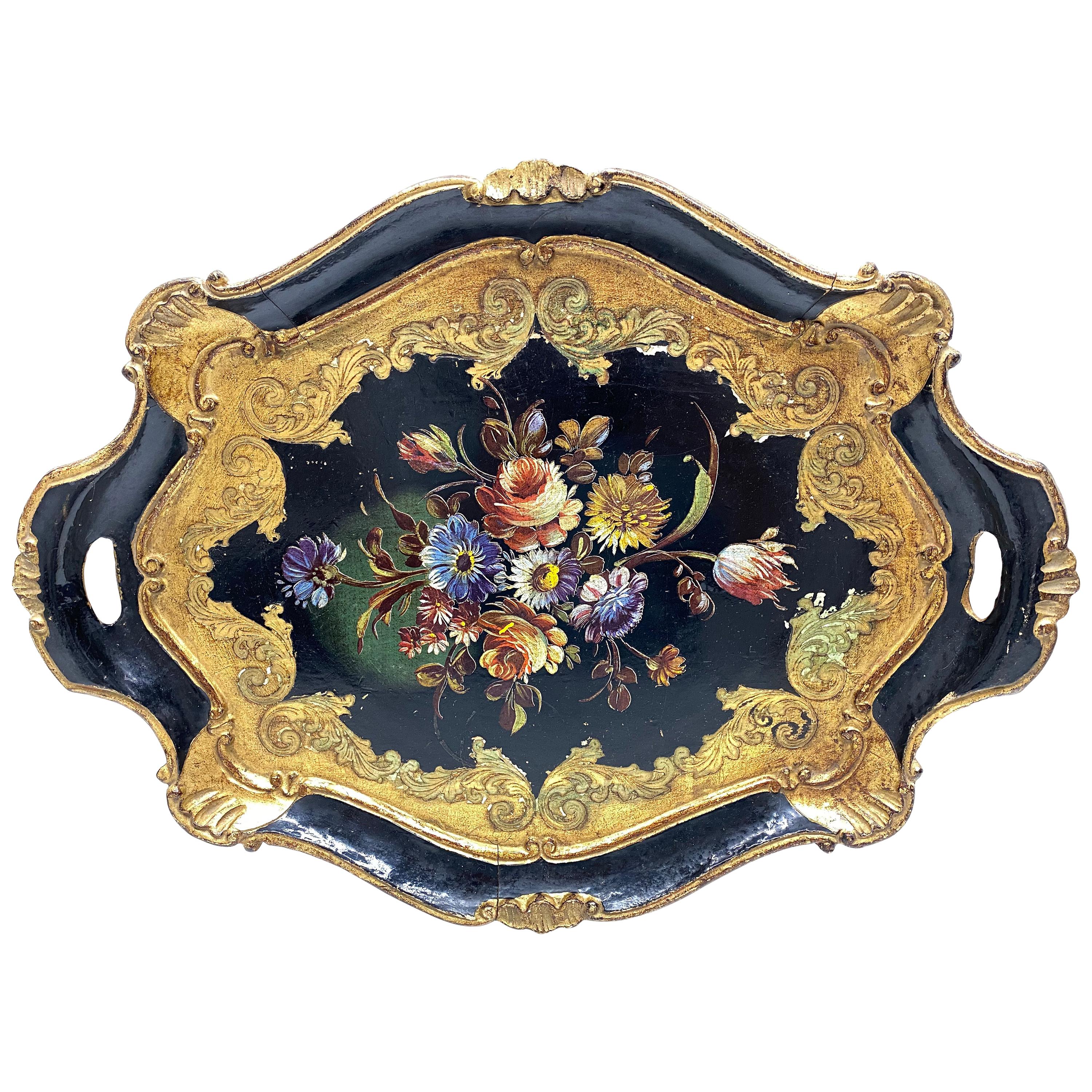 Italian Florentine Black and Gold Giltwood Serving Tray Toleware Tole, 1950s