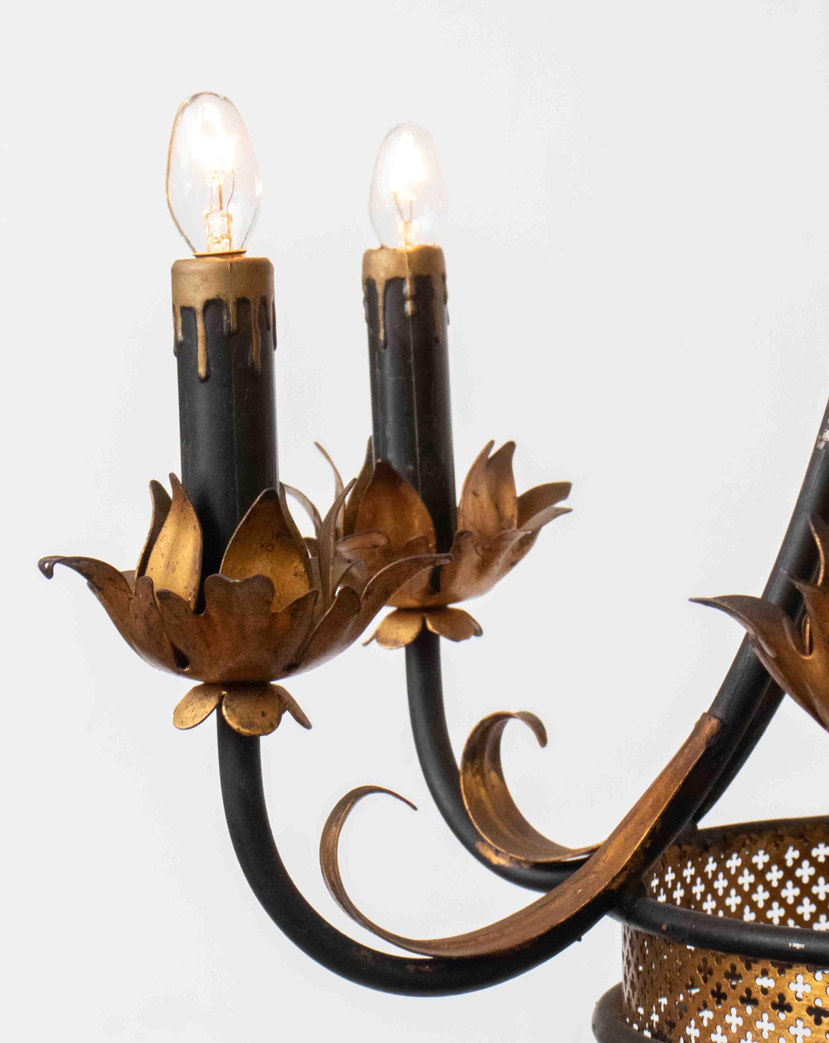 Italian Florentine Black and Gold Metal Chandelier In Good Condition In New York, NY