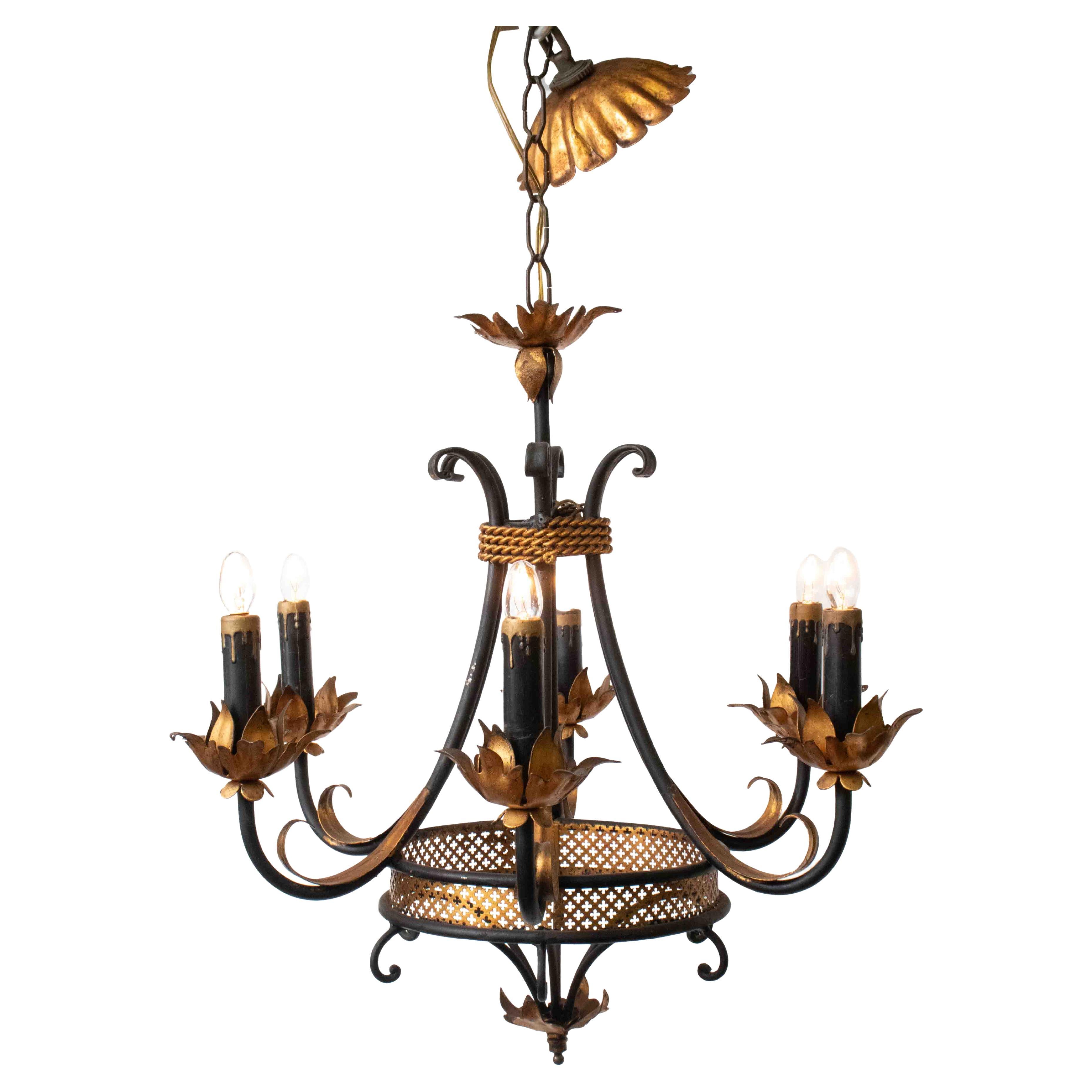 Italian Florentine Black and Gold Metal Chandelier